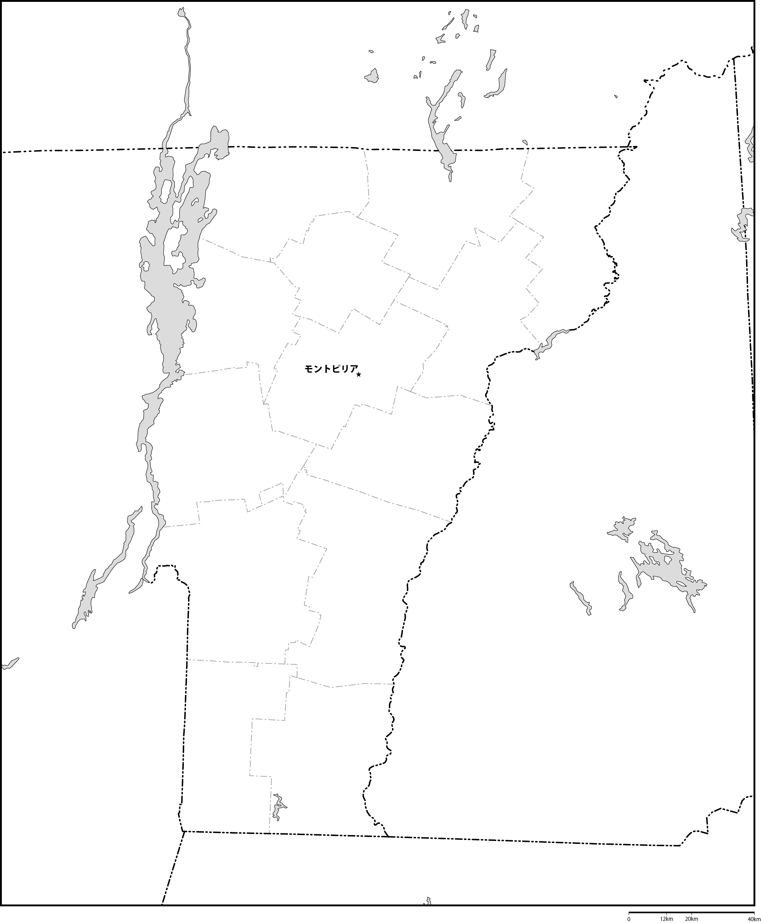 バーモント州郡分け白地図州都あり(日本語)フリーデータの画像