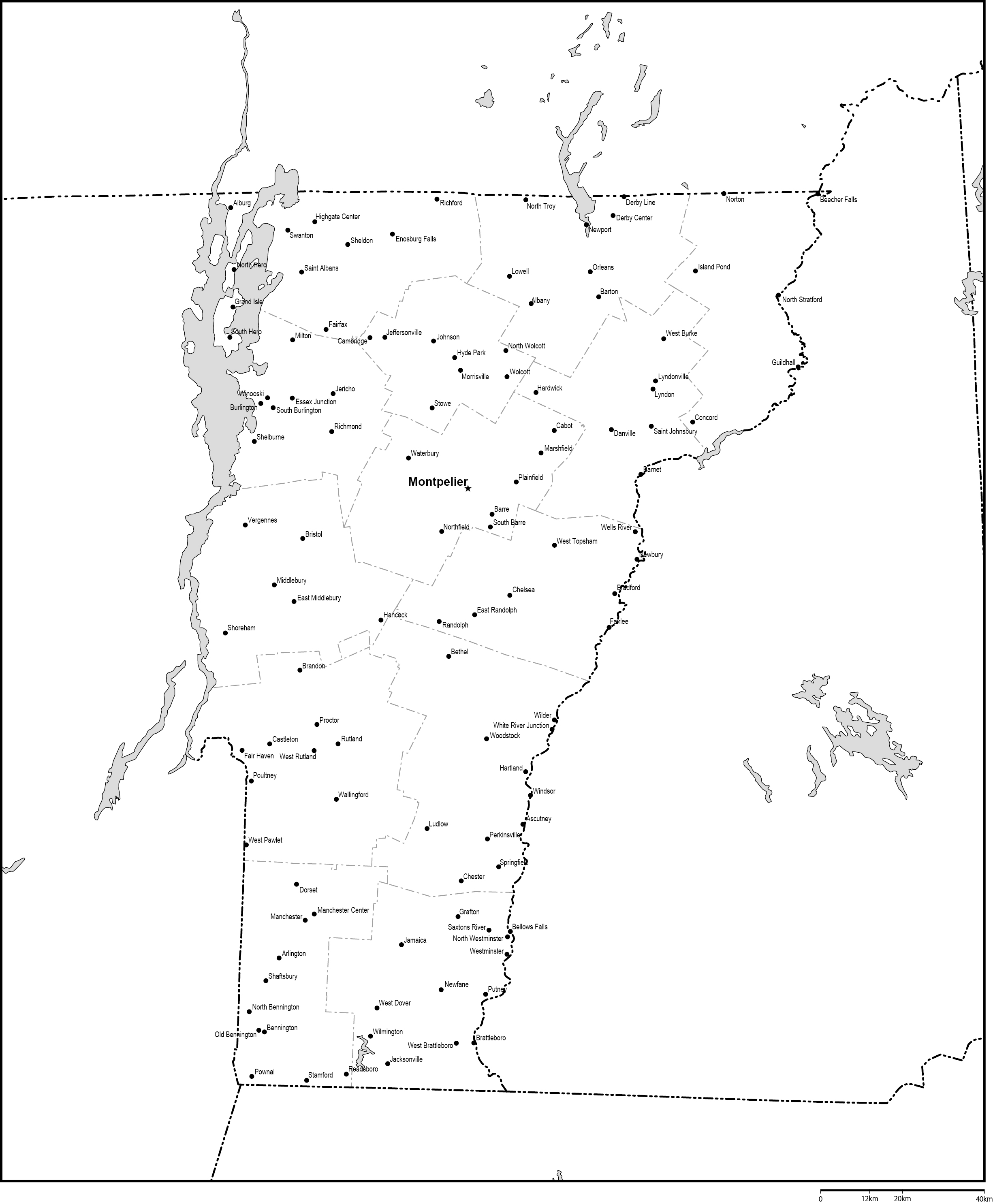 バーモント州郡分け白地図州都・主な都市あり(英語)フリーデータの画像