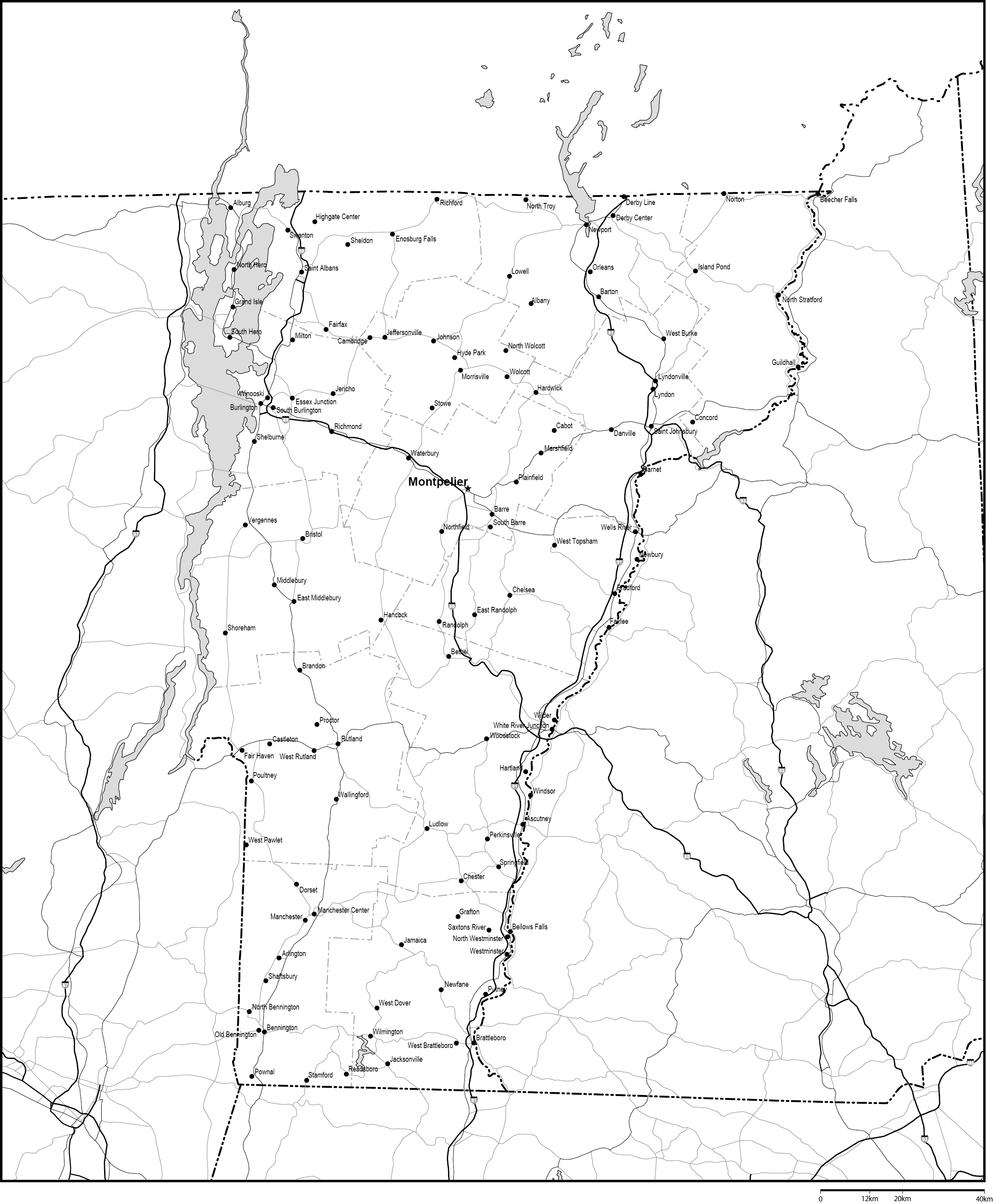 バーモント州郡分け白地図州都・主な都市・道路あり(英語)フリーデータの画像