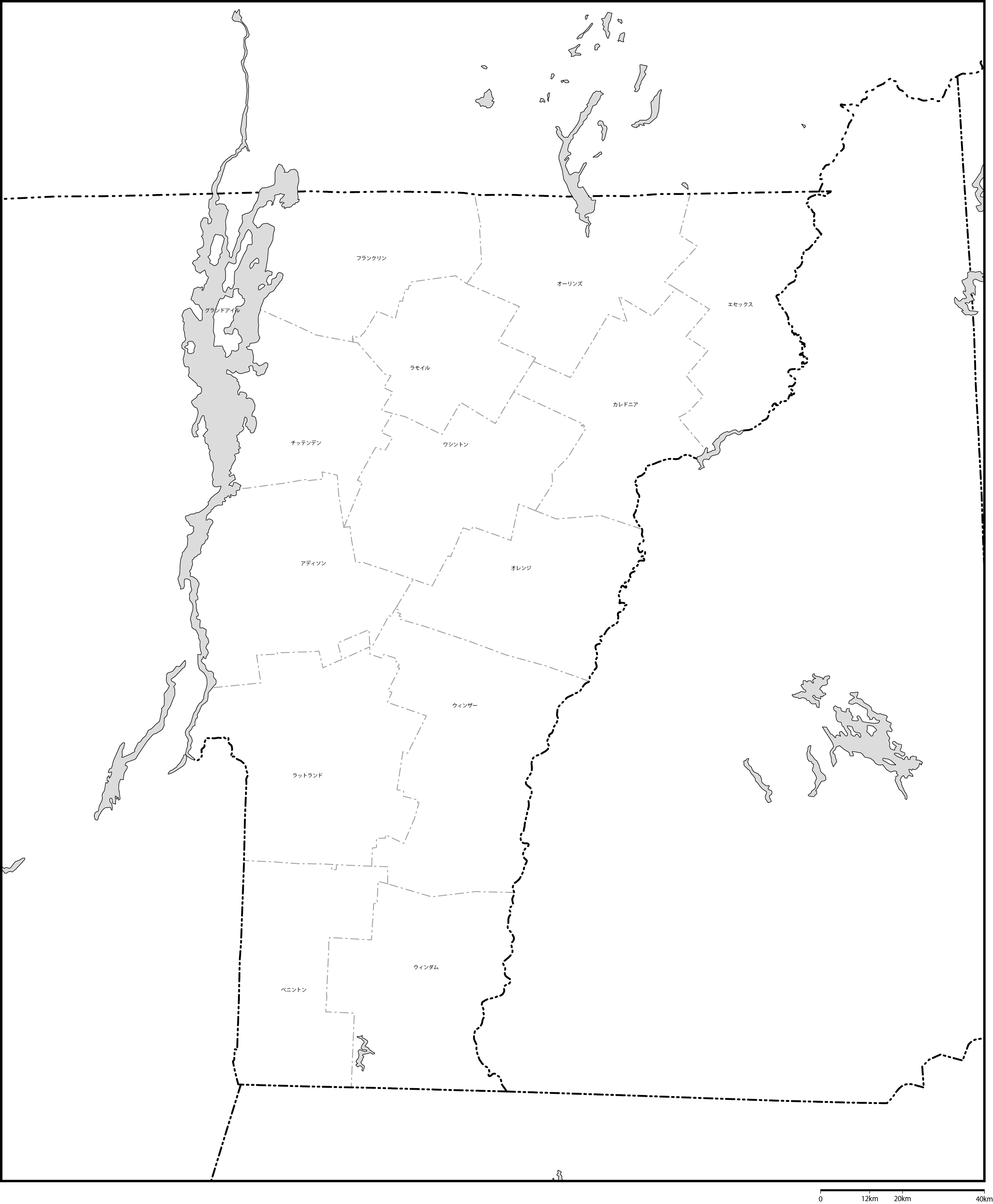 バーモント州郡分け地図郡名あり(日本語)フリーデータの画像