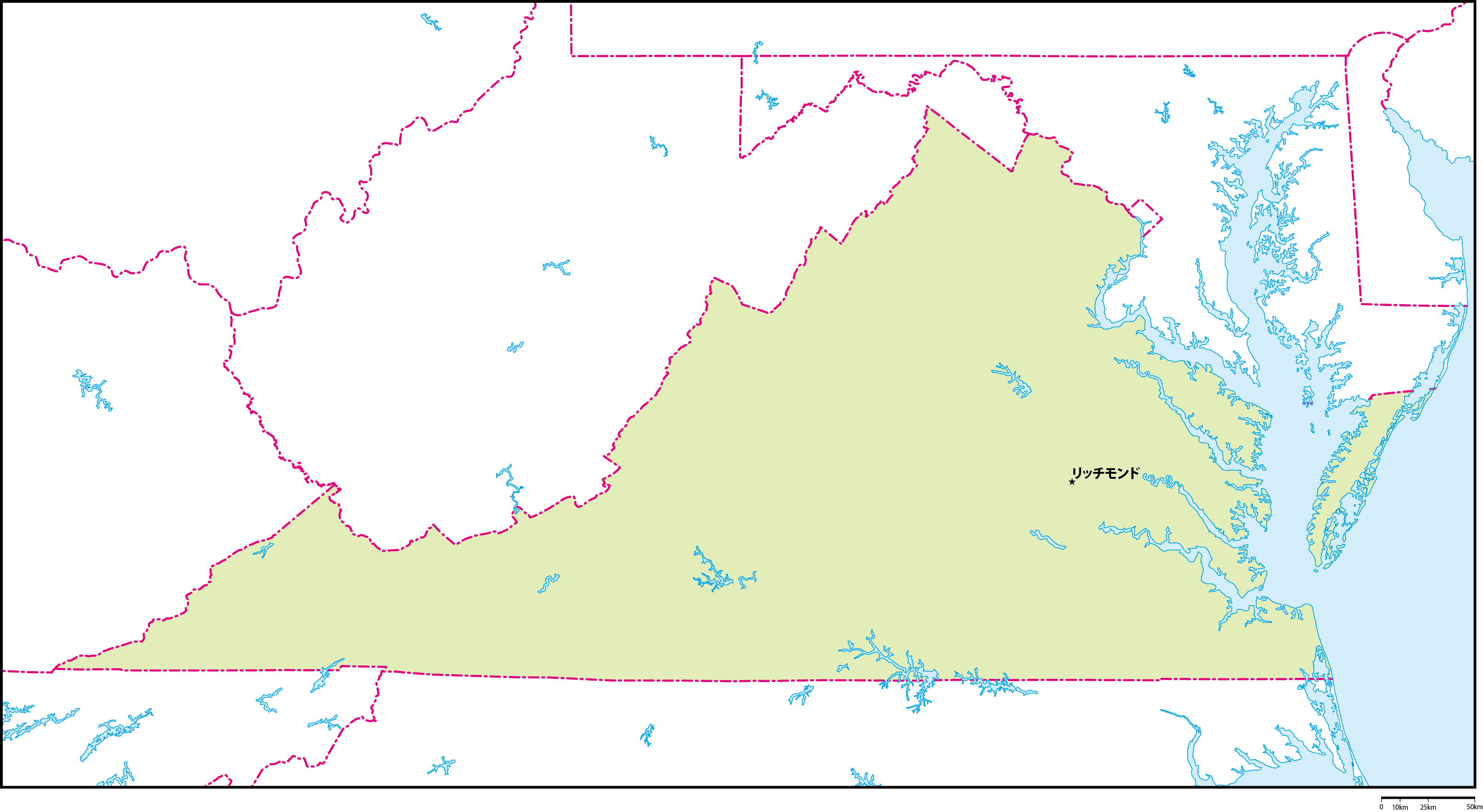 バージニア州地図州都あり(日本語)フリーデータの画像