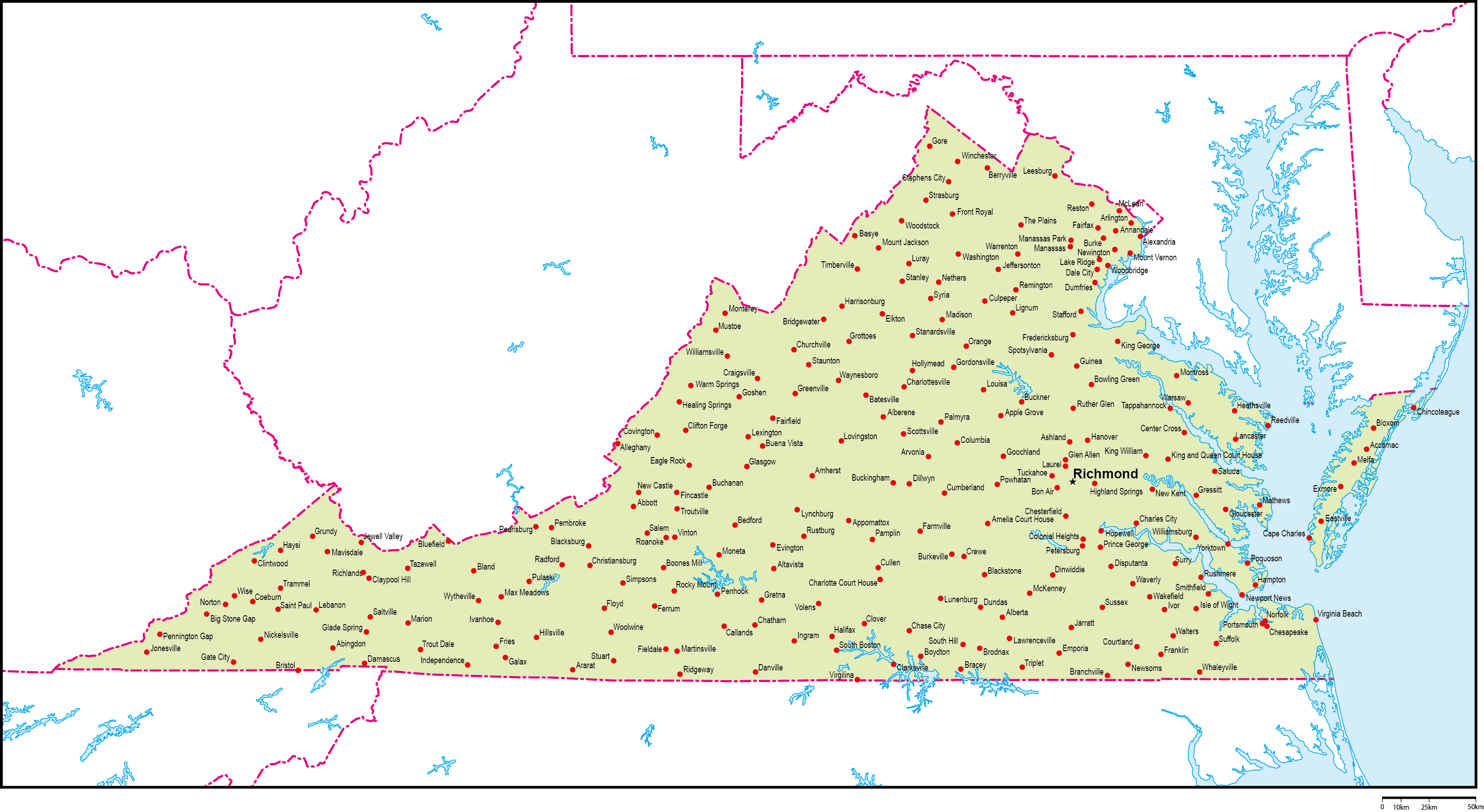 バージニア州地図州都・主な都市あり(英語)フリーデータの画像