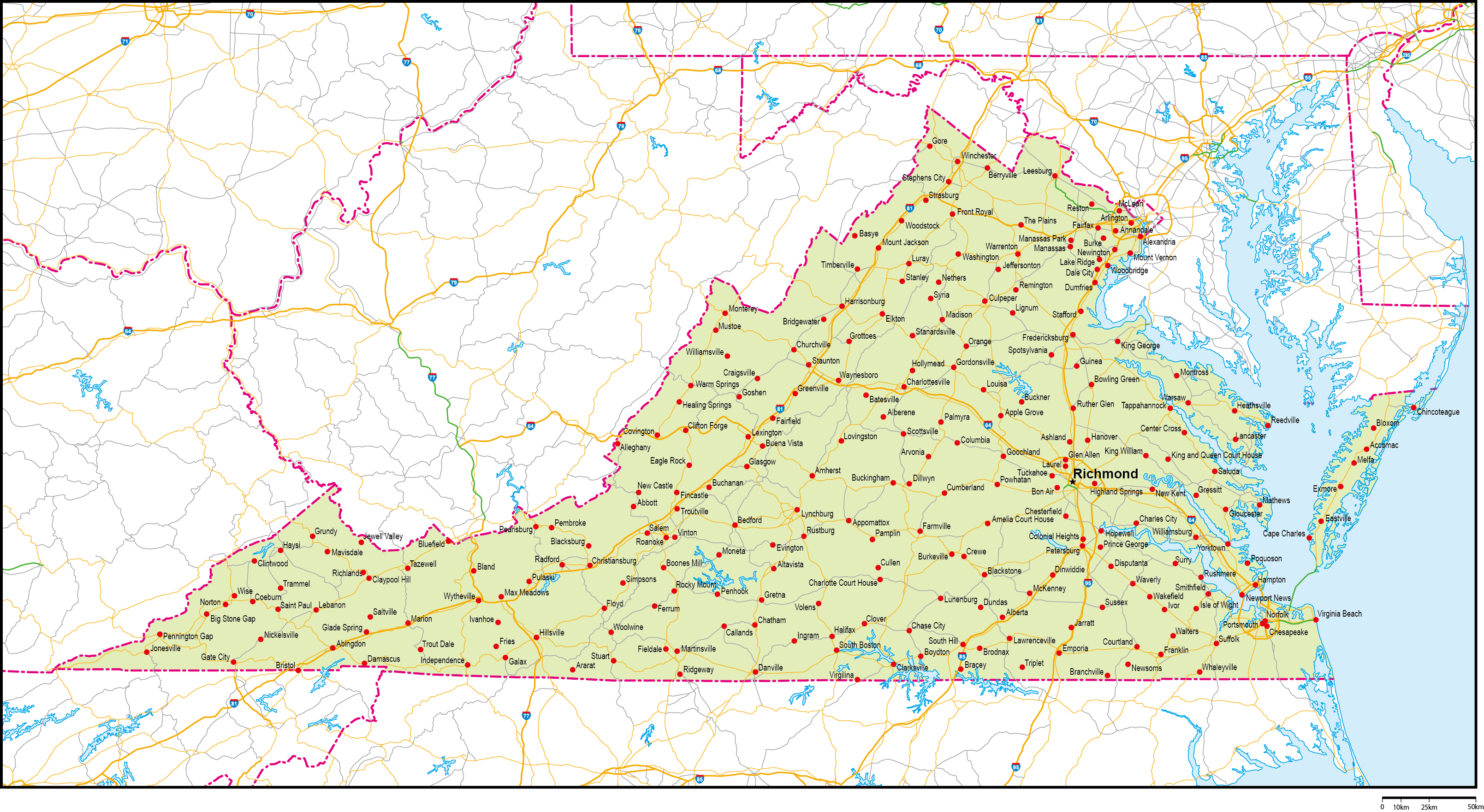 バージニア州地図州都・主な都市・道路あり(英語)フリーデータの画像