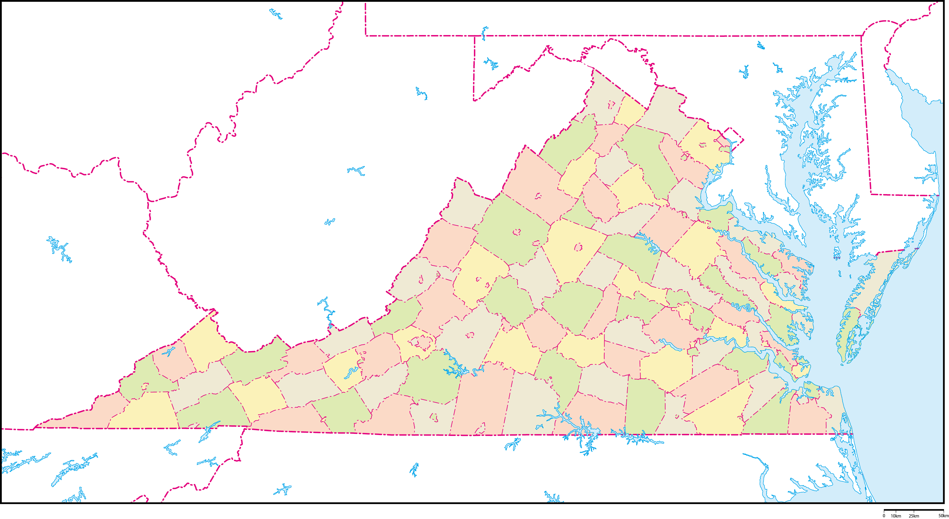 バージニア州郡色分け地図フリーデータの画像