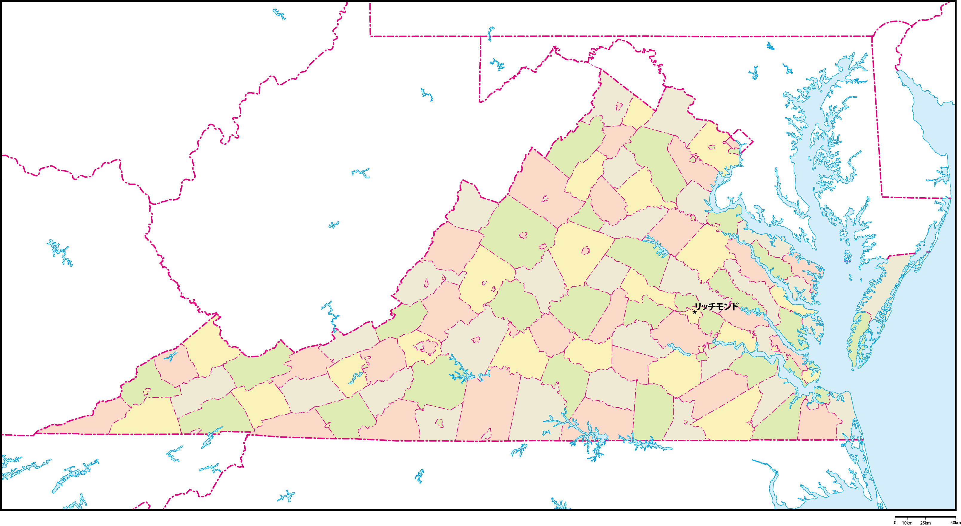 バージニア州郡色分け地図州都あり(日本語)フリーデータの画像