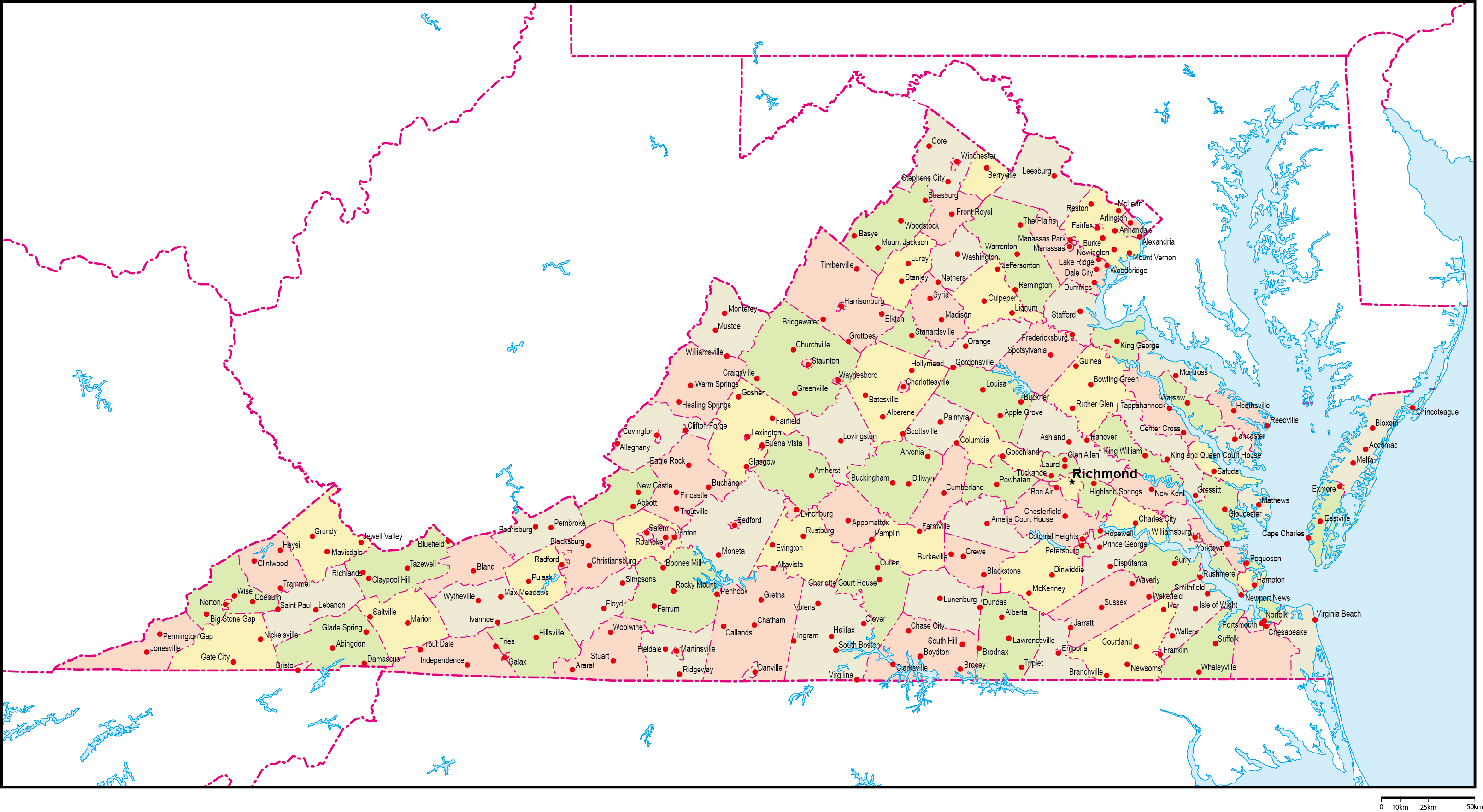 バージニア州郡色分け地図州都・主な都市あり(英語)フリーデータの画像