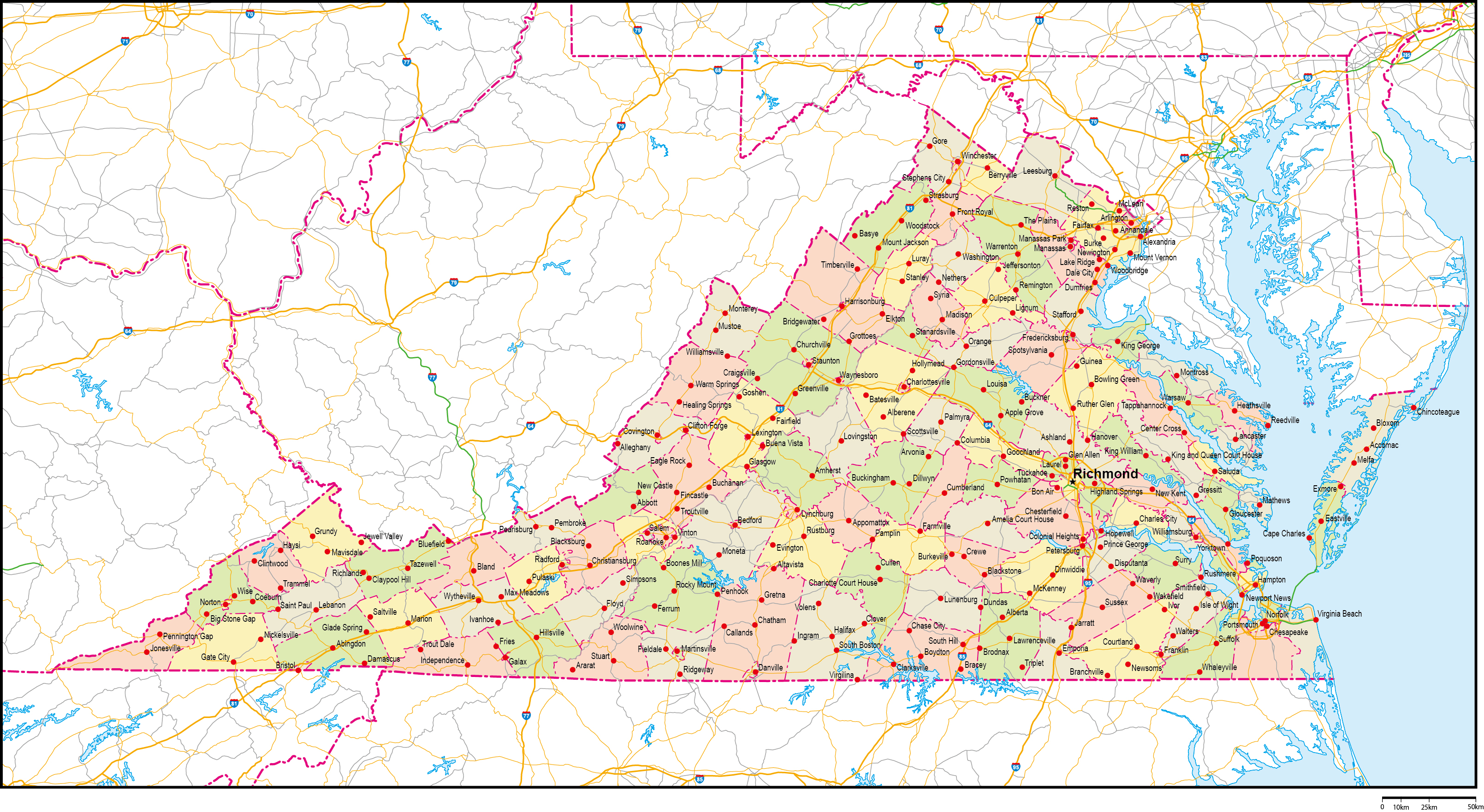 バージニア州郡色分け地図州都・主な都市・道路あり(英語)フリーデータの画像