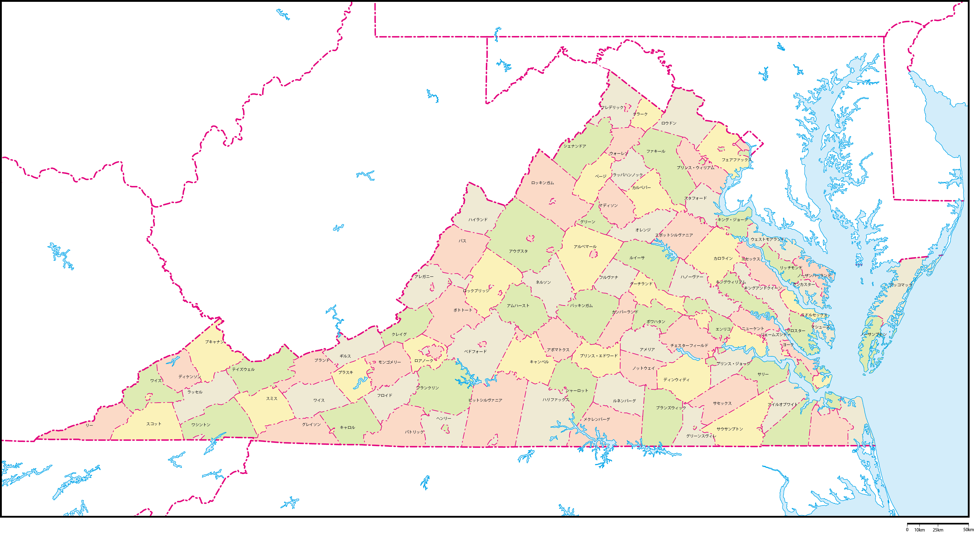 バージニア州郡色分け地図郡名あり(日本語)フリーデータの画像