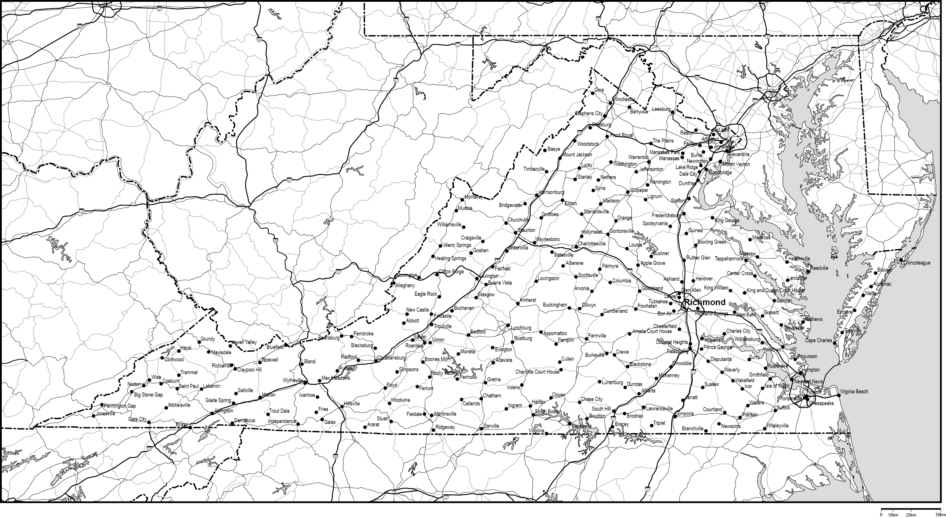 バージニア州白地図州都・主な都市・道路あり(英語)フリーデータの画像