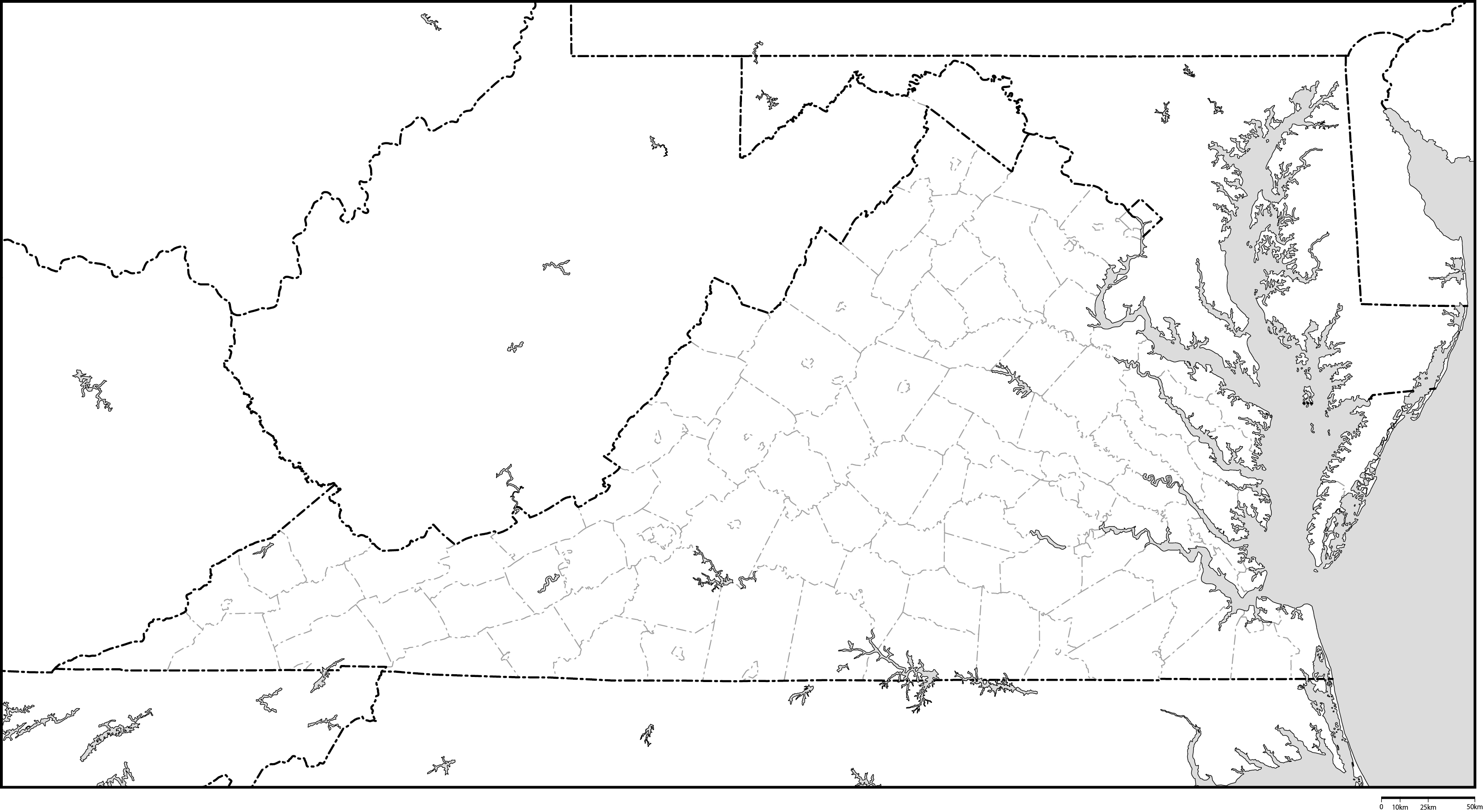 バージニア州郡分け白地図フリーデータの画像