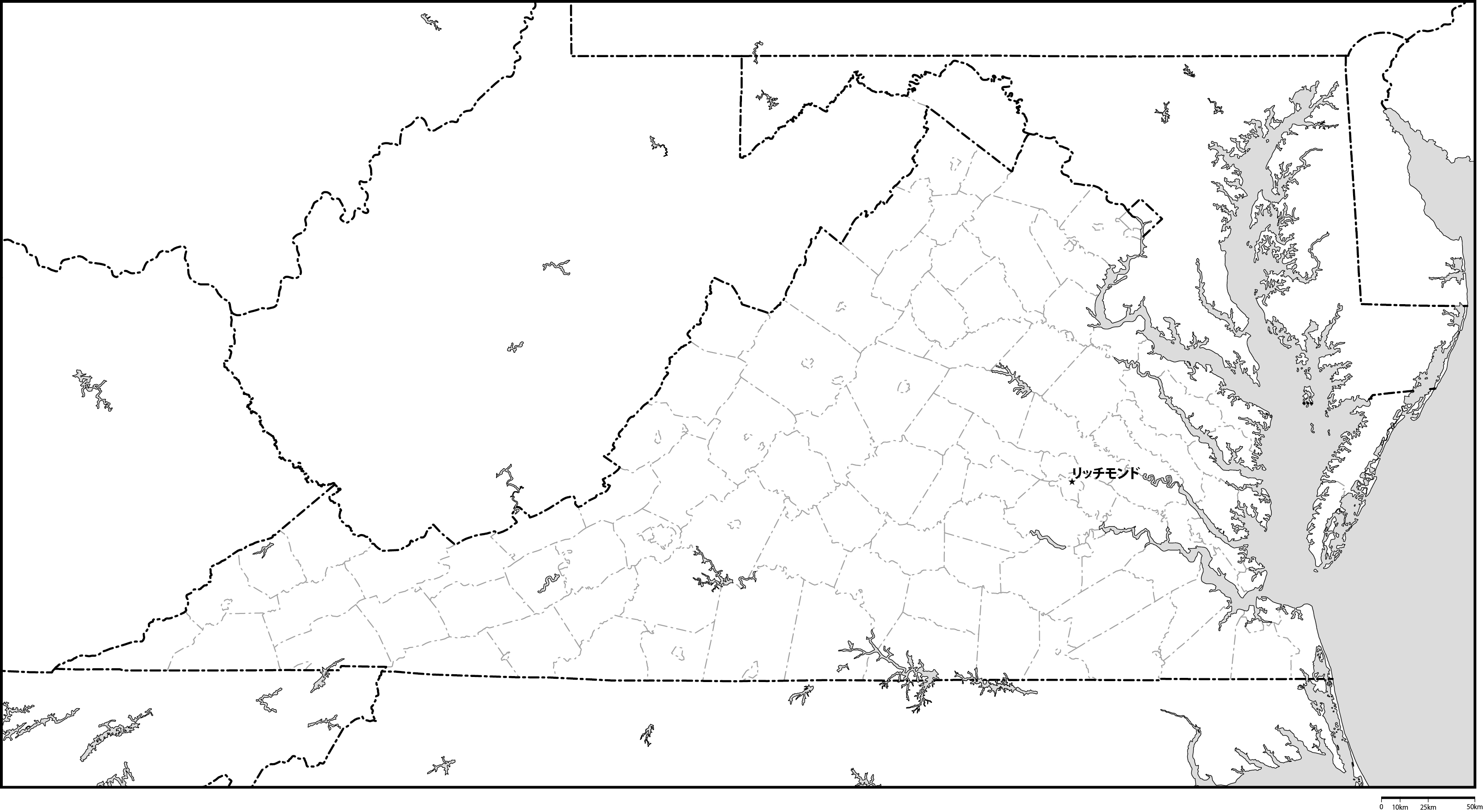 バージニア州郡分け白地図州都あり(日本語)フリーデータの画像