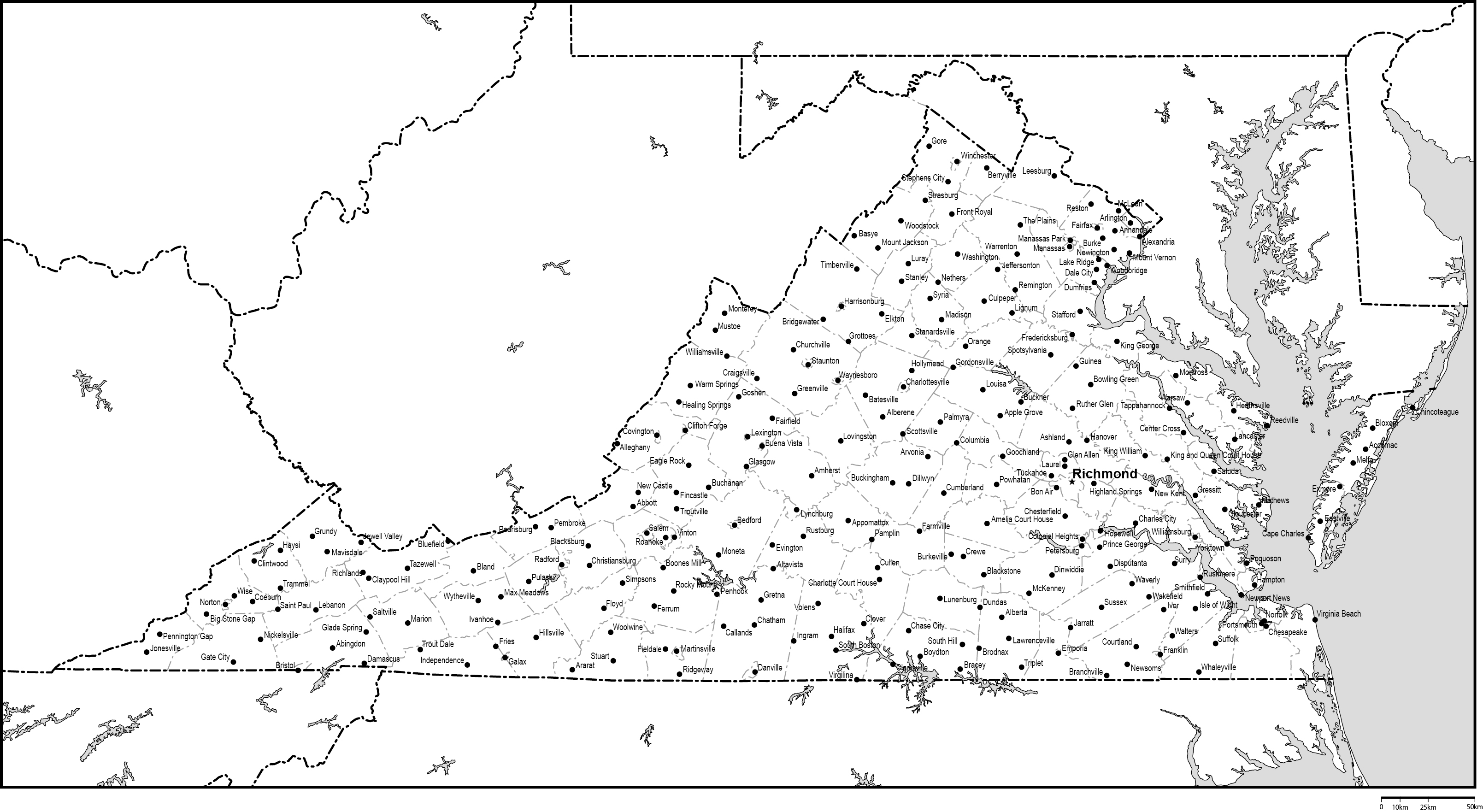 バージニア州郡分け白地図州都・主な都市あり(英語)フリーデータの画像