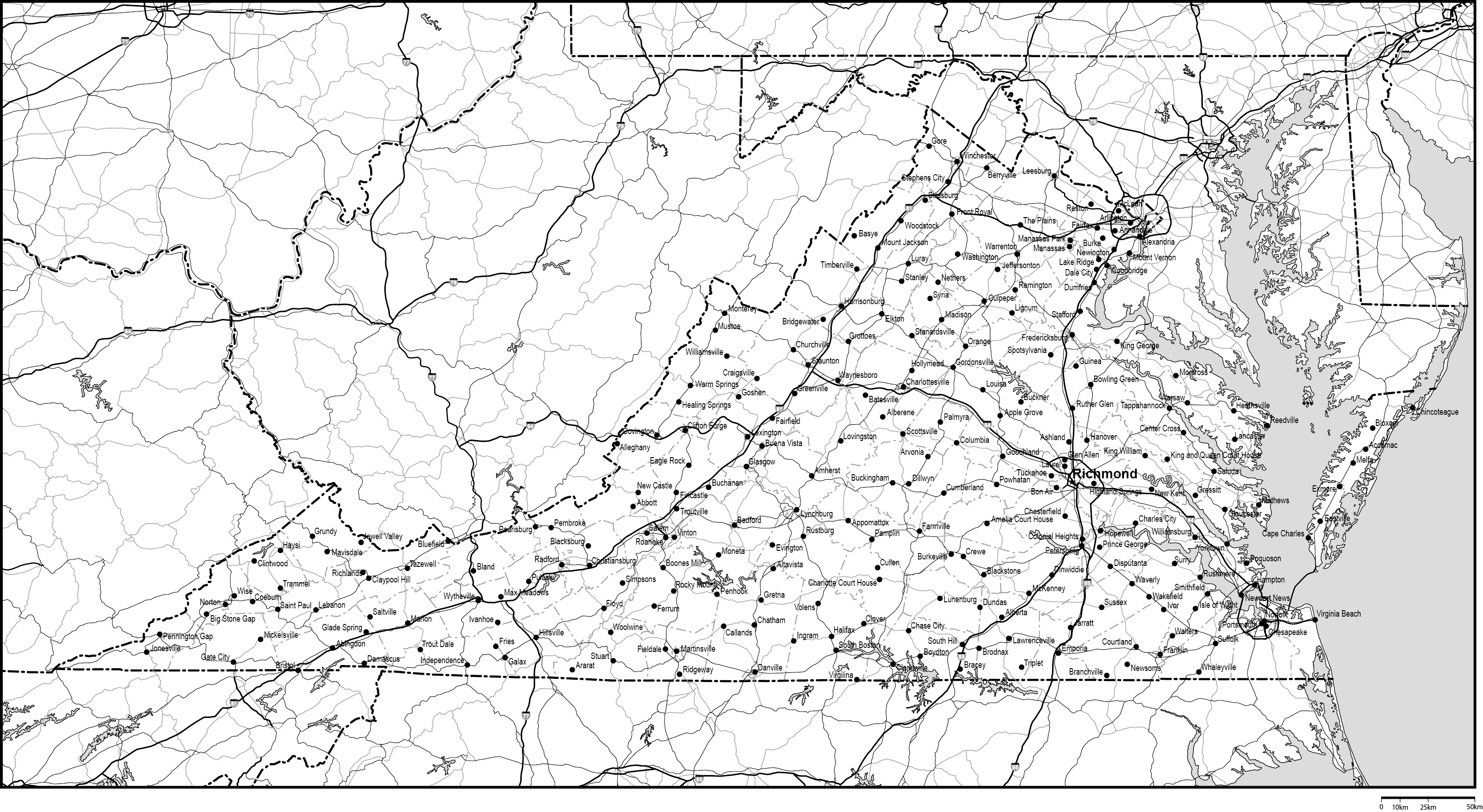 バージニア州郡分け白地図州都・主な都市・道路あり(英語)フリーデータの画像