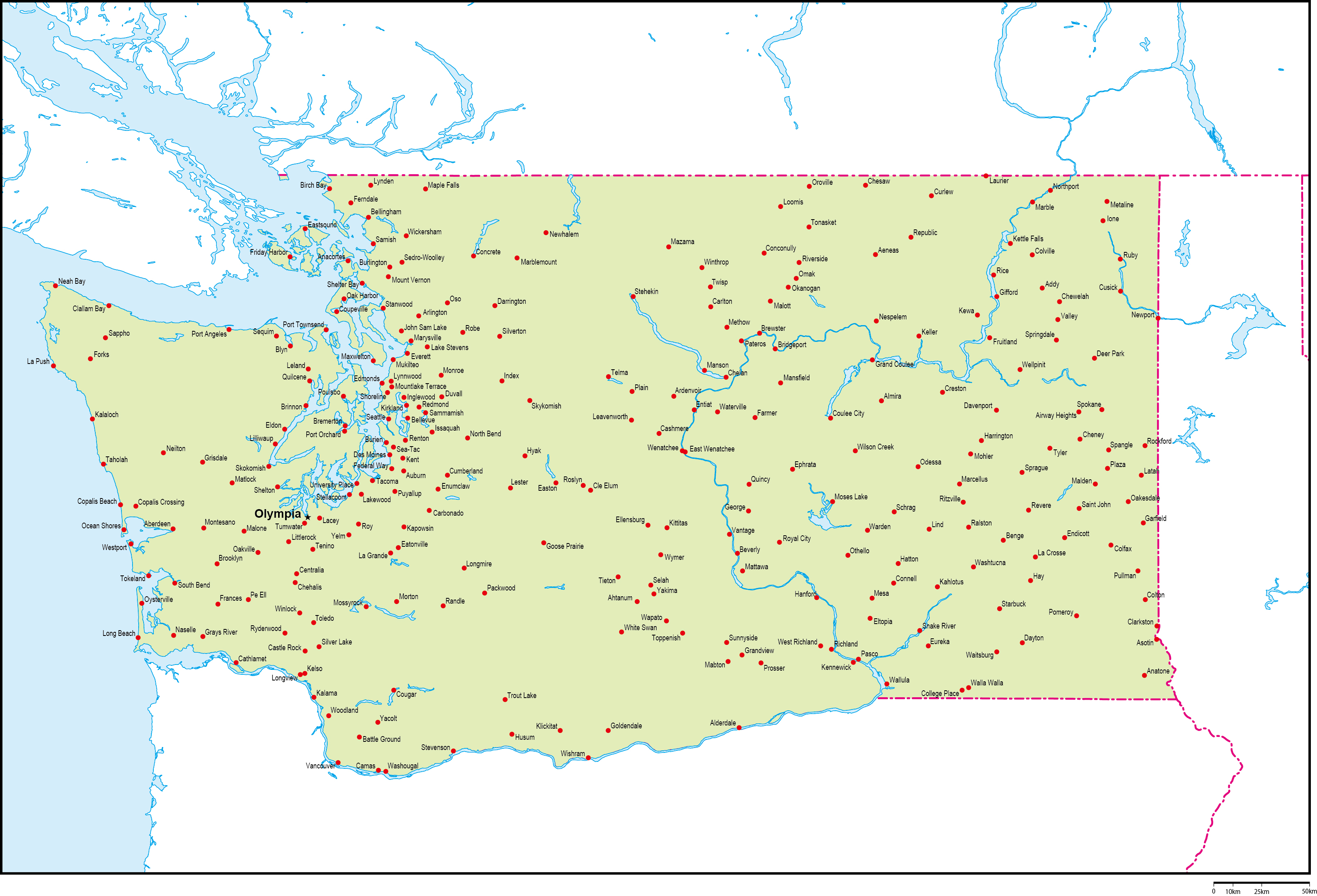 ワシントン州地図州都・主な都市あり(英語)フリーデータの画像