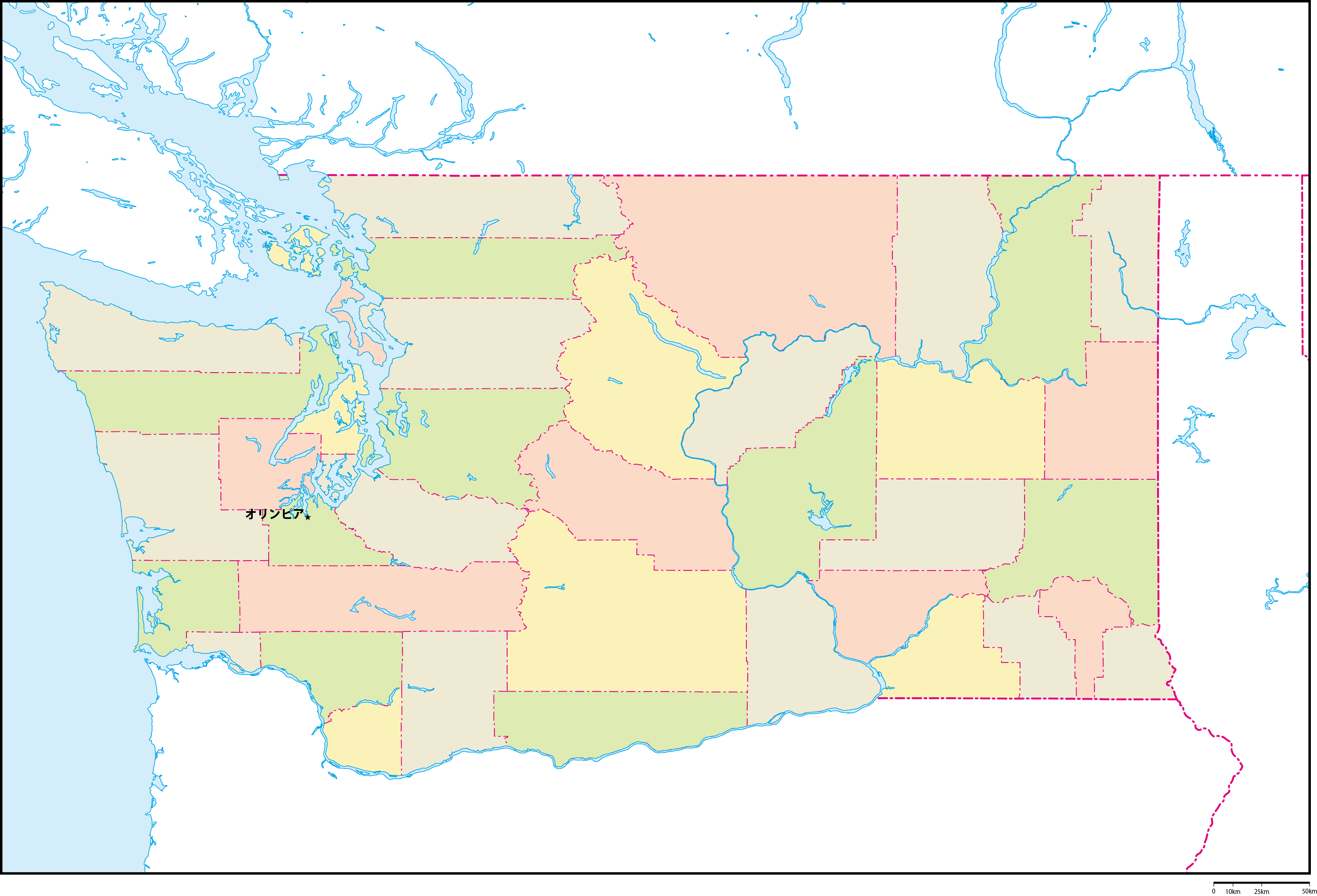 ワシントン州郡色分け地図州都あり(日本語)フリーデータの画像