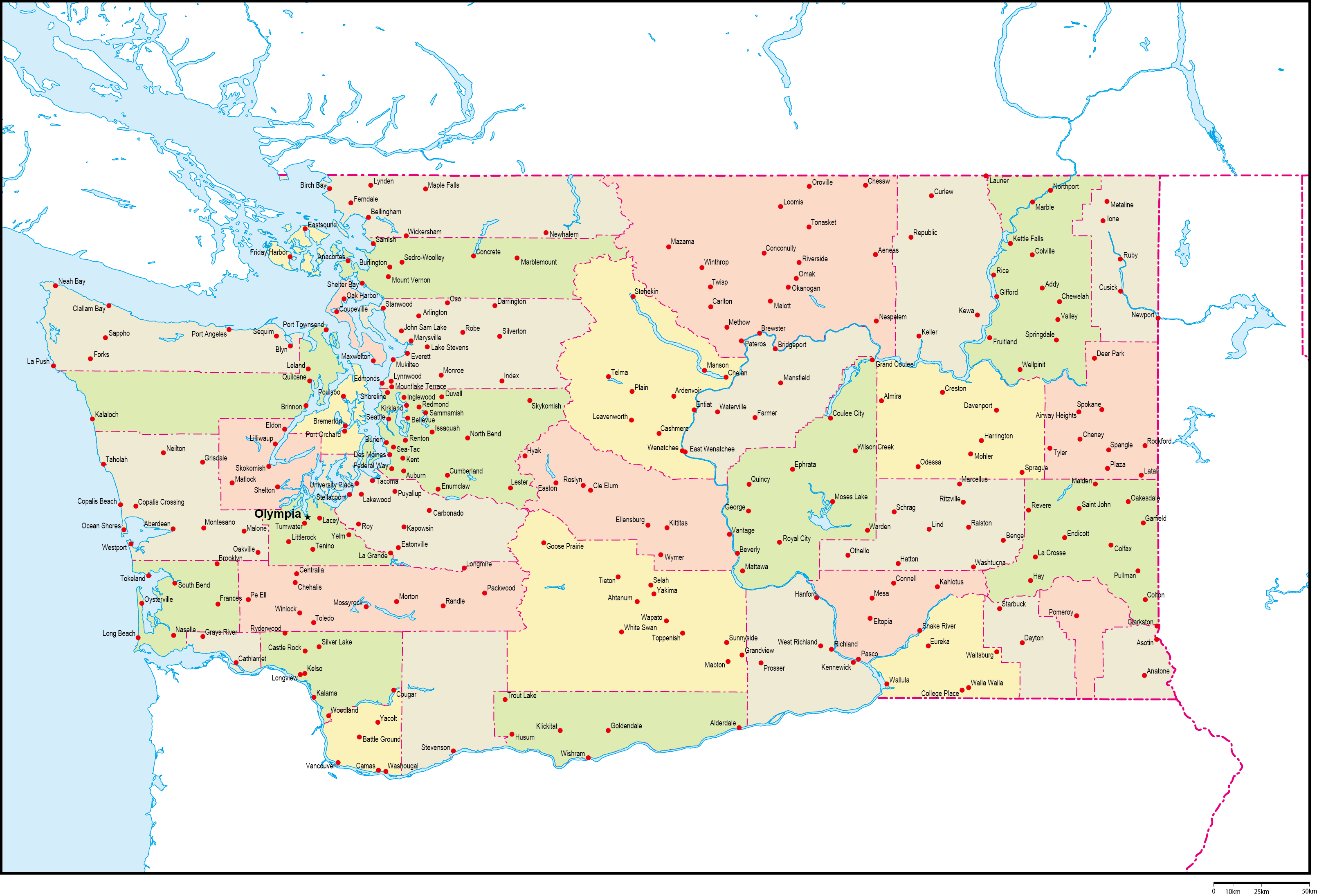 ワシントン州郡色分け地図州都・主な都市あり(英語)フリーデータの画像