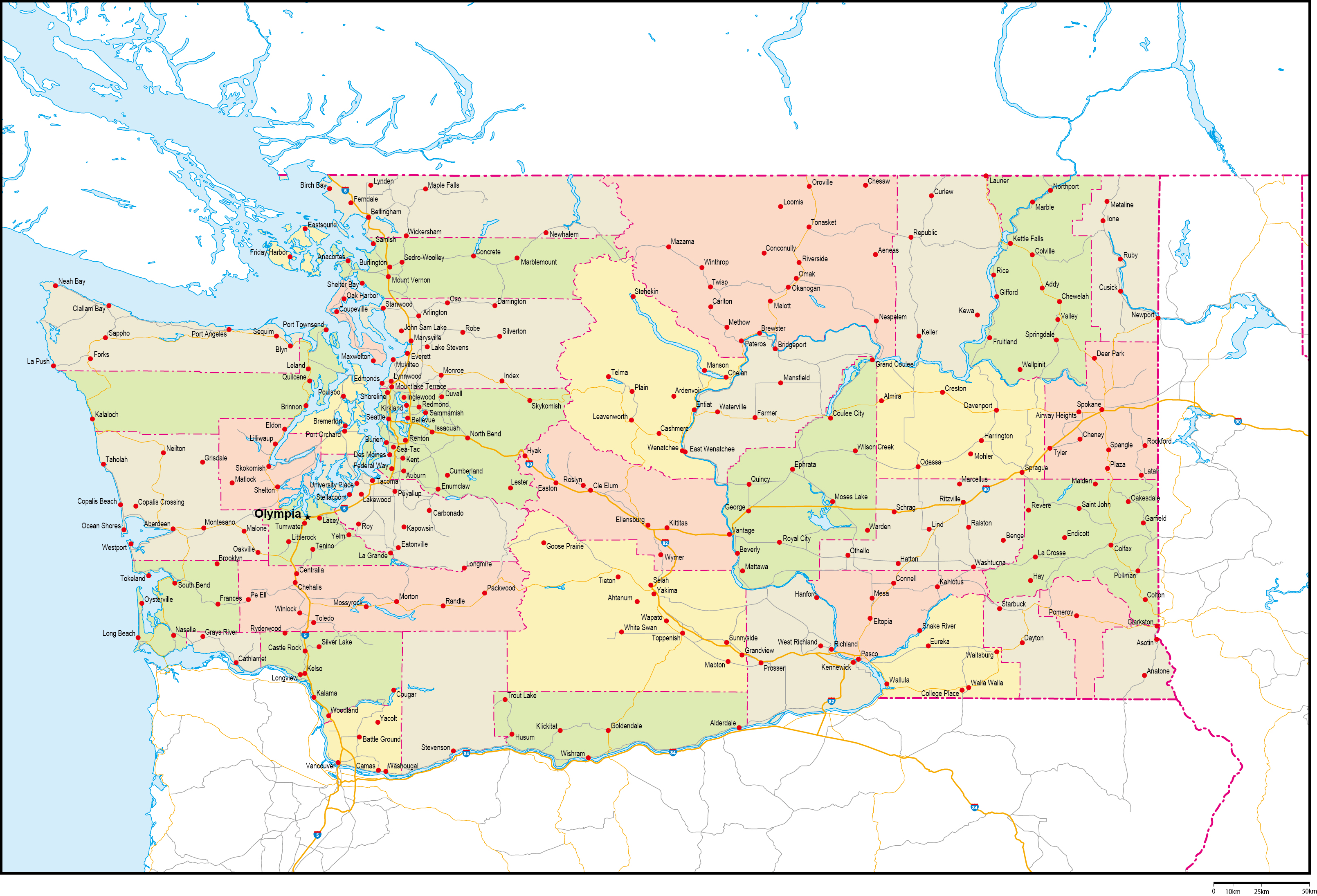 ワシントン州郡色分け地図州都・主な都市・道路あり(英語)フリーデータの画像