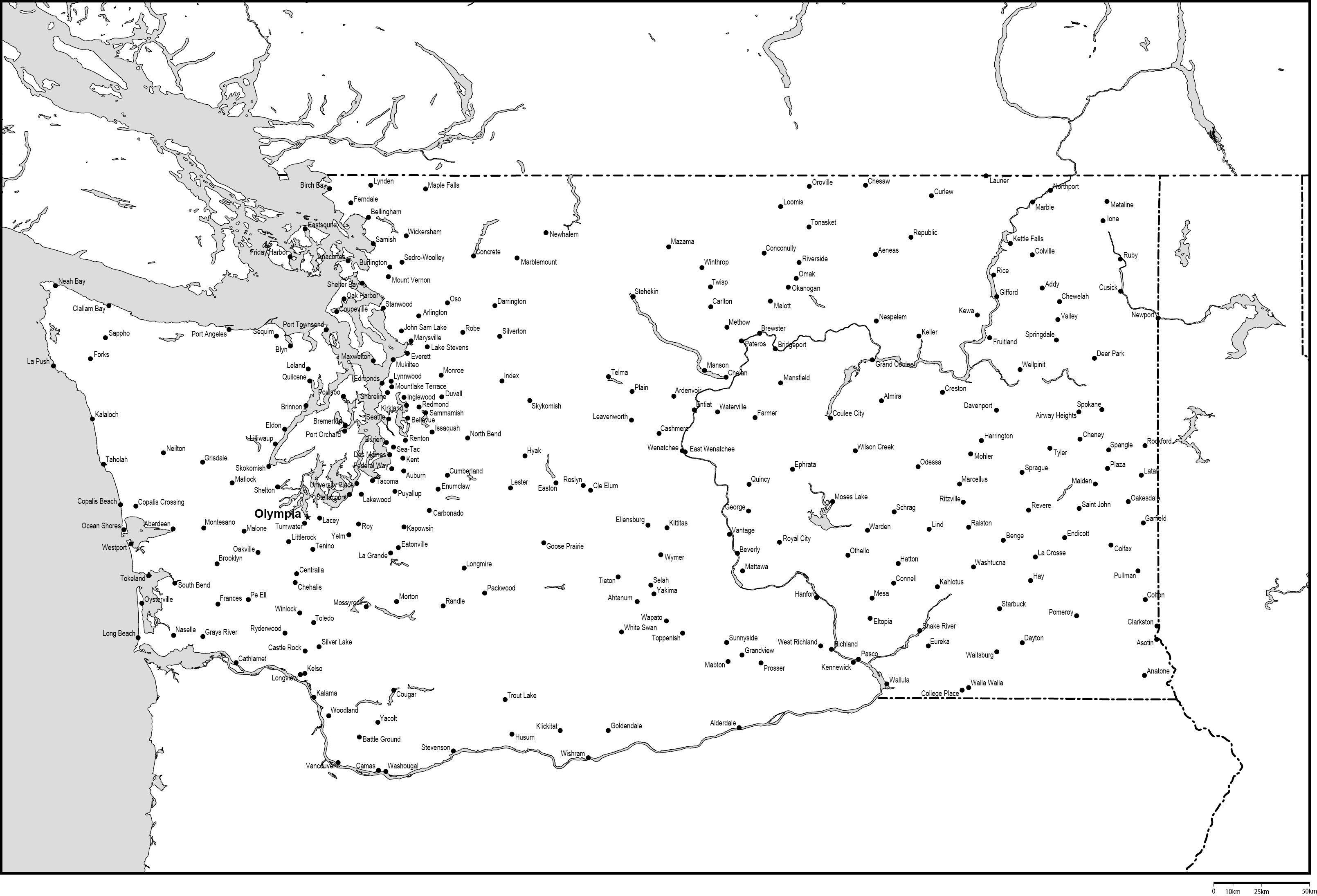 ワシントン州白地図州都・主な都市あり(英語)フリーデータの画像