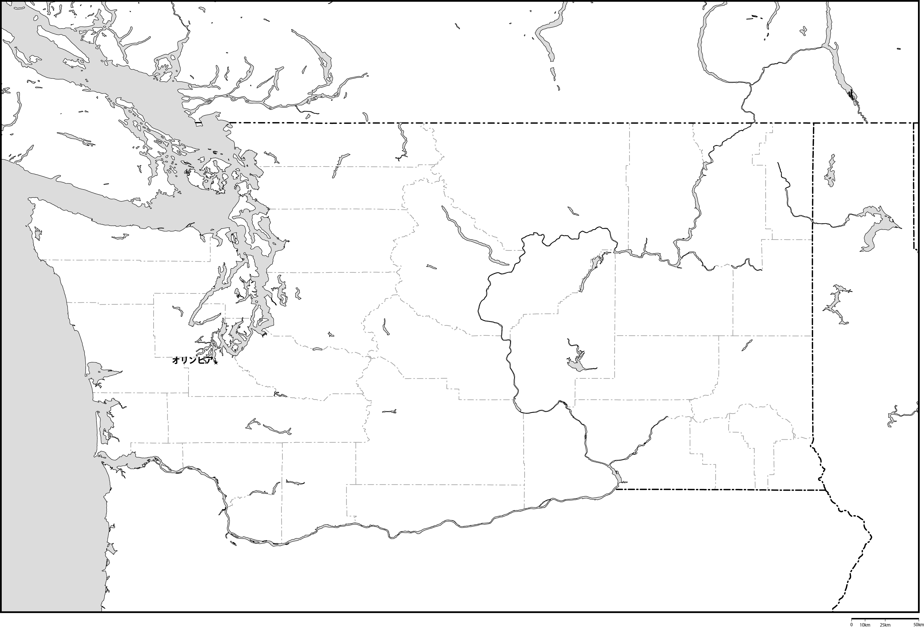 ワシントン州郡分け白地図州都あり(日本語)フリーデータの画像