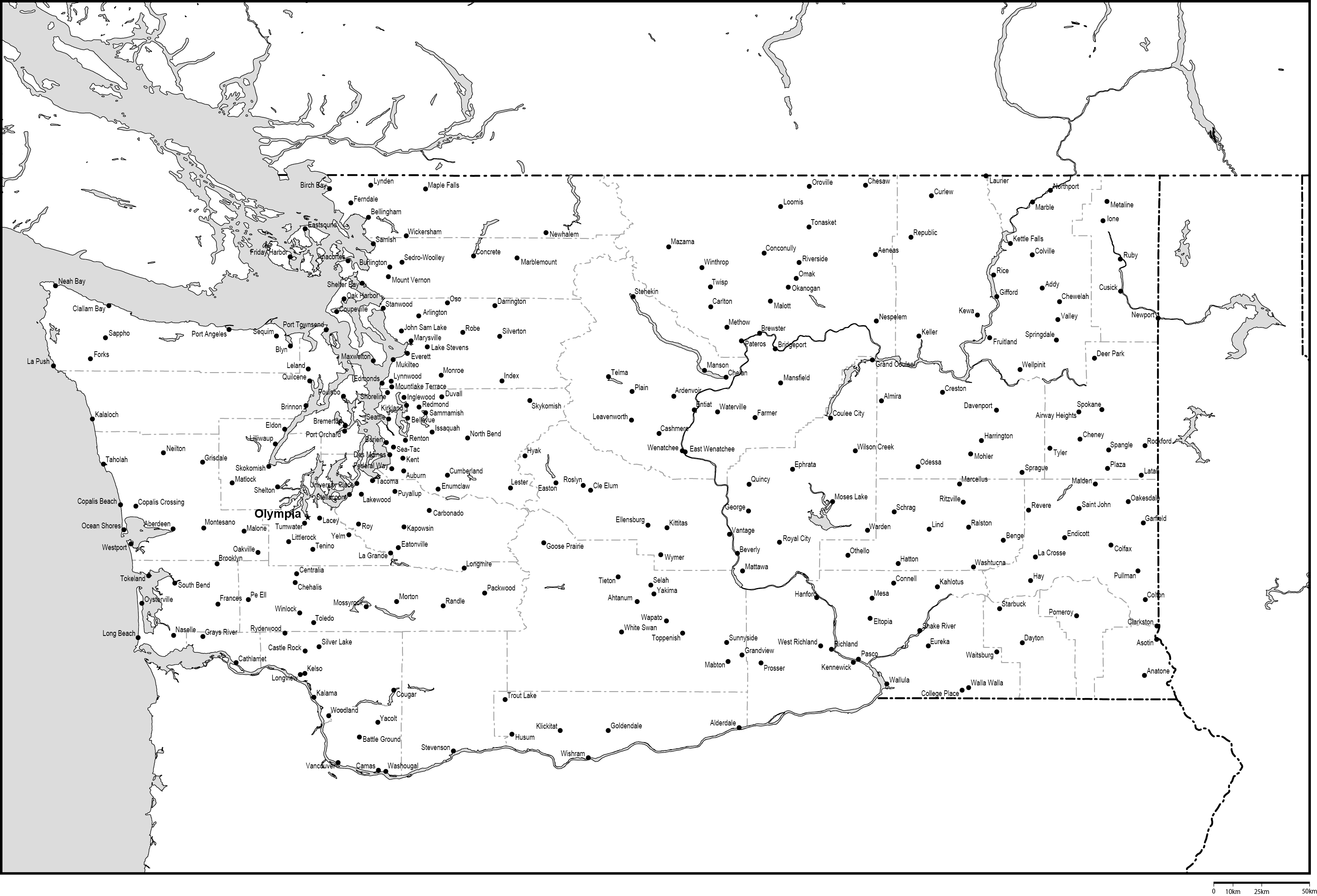 ワシントン州郡分け白地図州都・主な都市あり(英語)フリーデータの画像