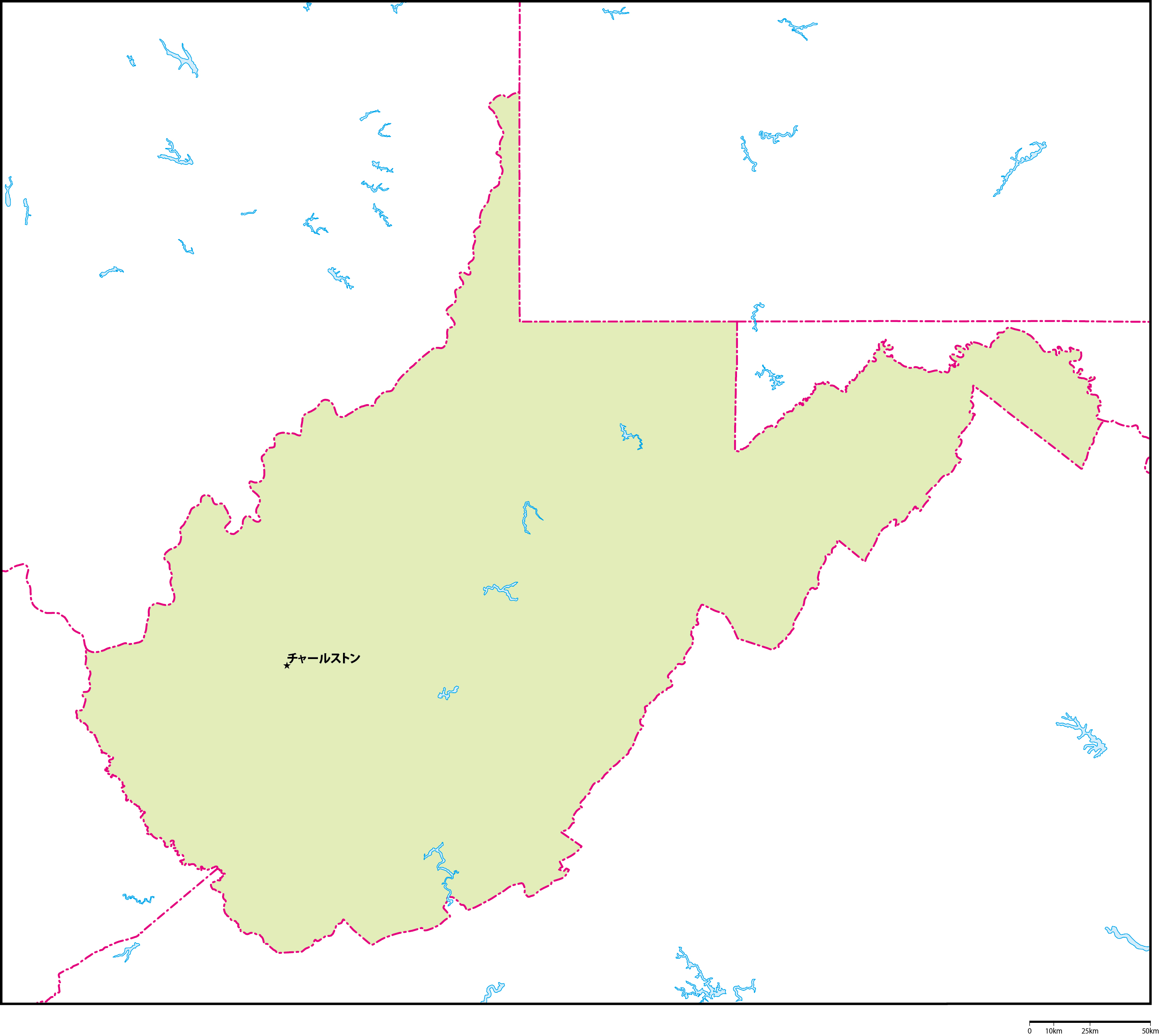 ウェストバージニア州地図州都あり(日本語)フリーデータの画像