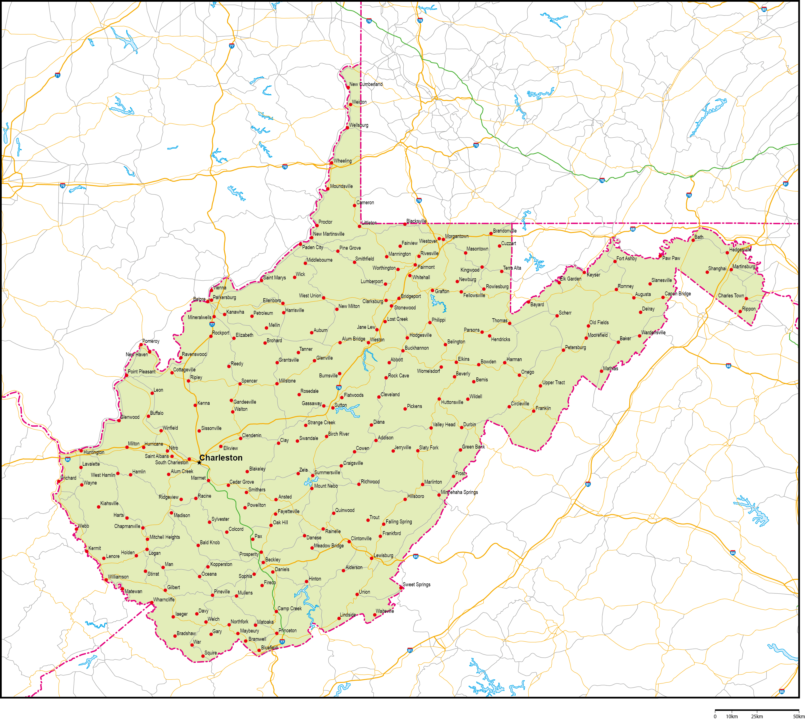 ウェストバージニア州地図州都・主な都市・道路あり(英語)フリーデータの画像