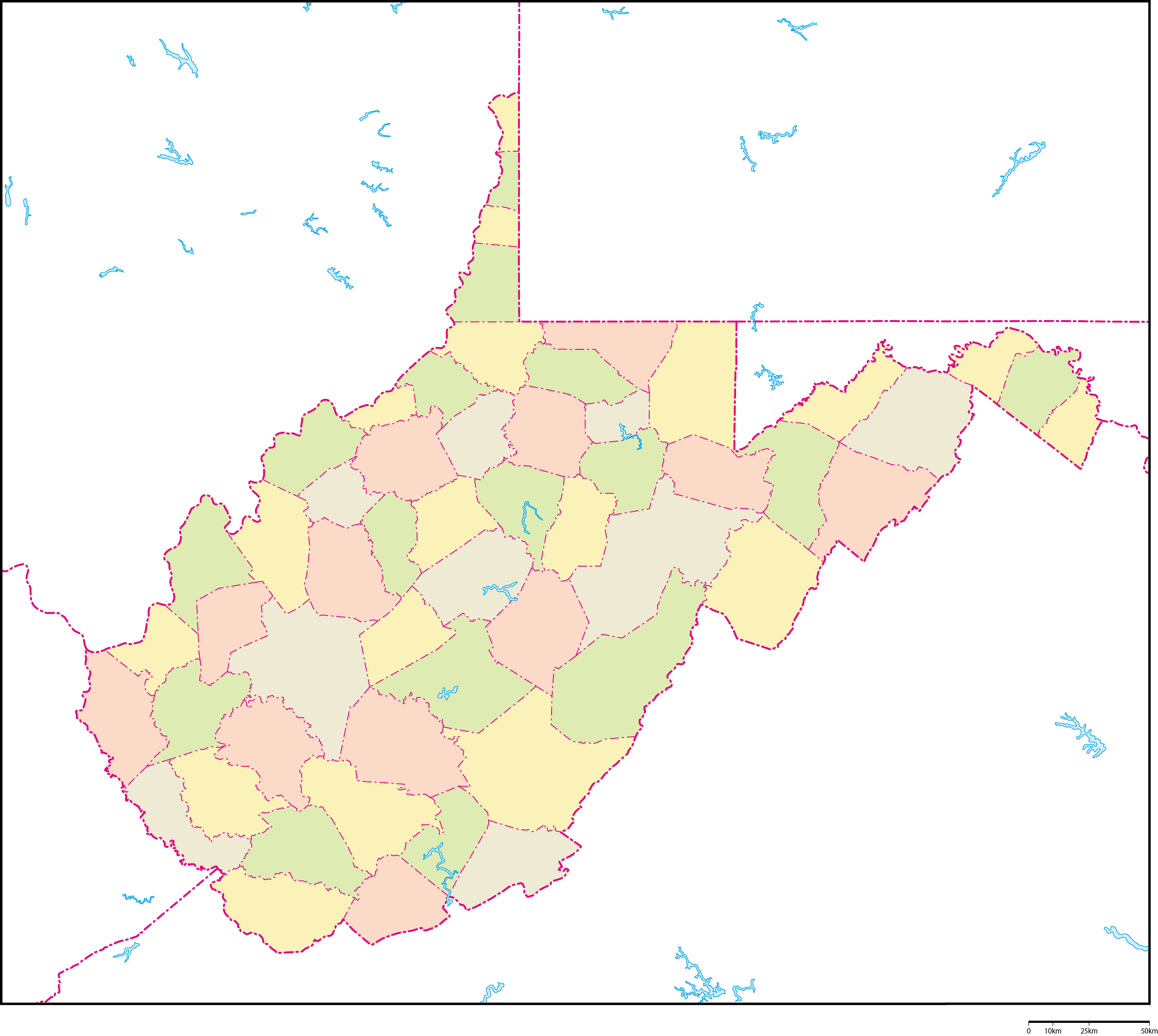 ウェストバージニア州郡色分け地図フリーデータの画像