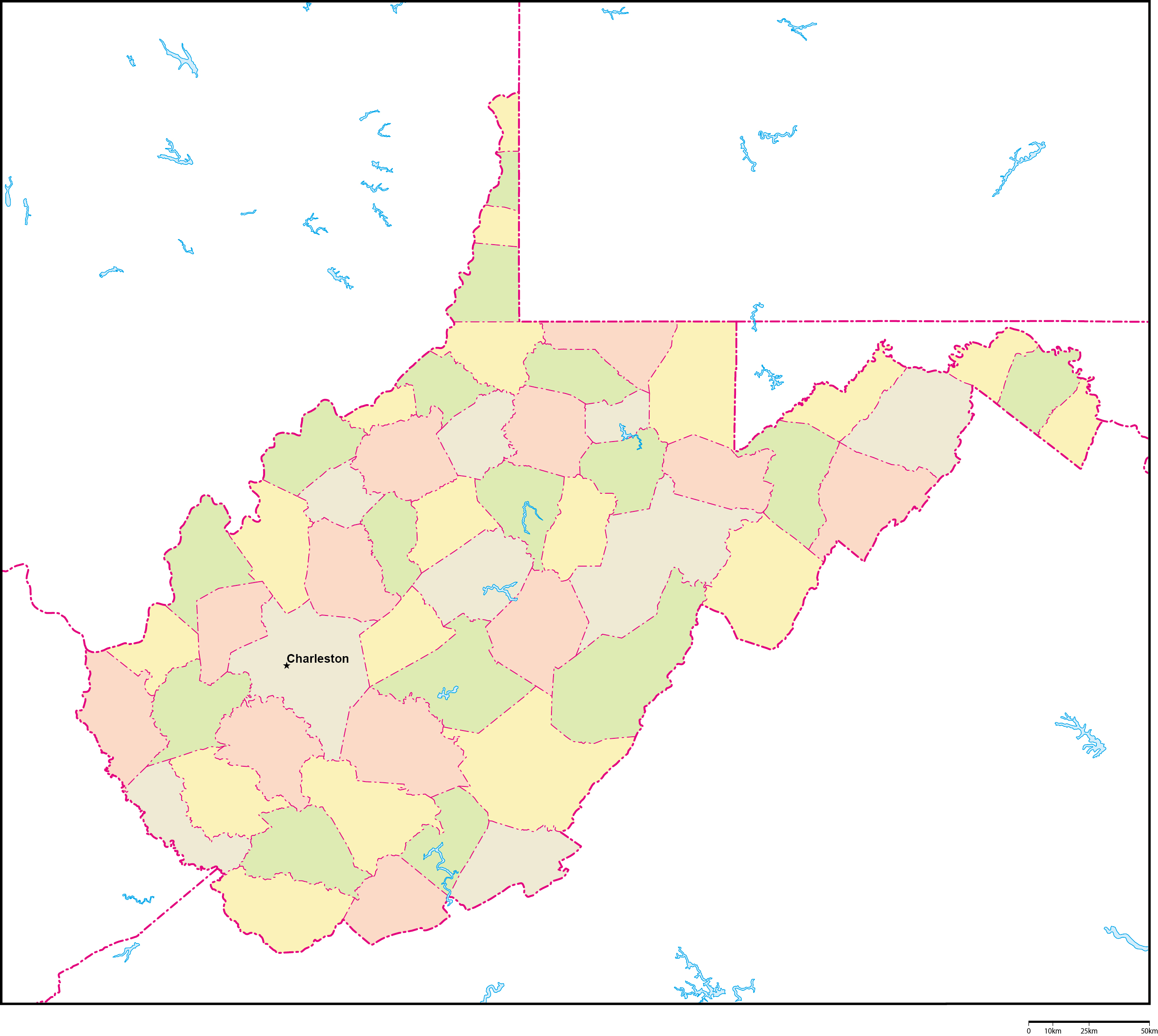 ウェストバージニア州郡色分け地図州都あり(英語)フリーデータの画像