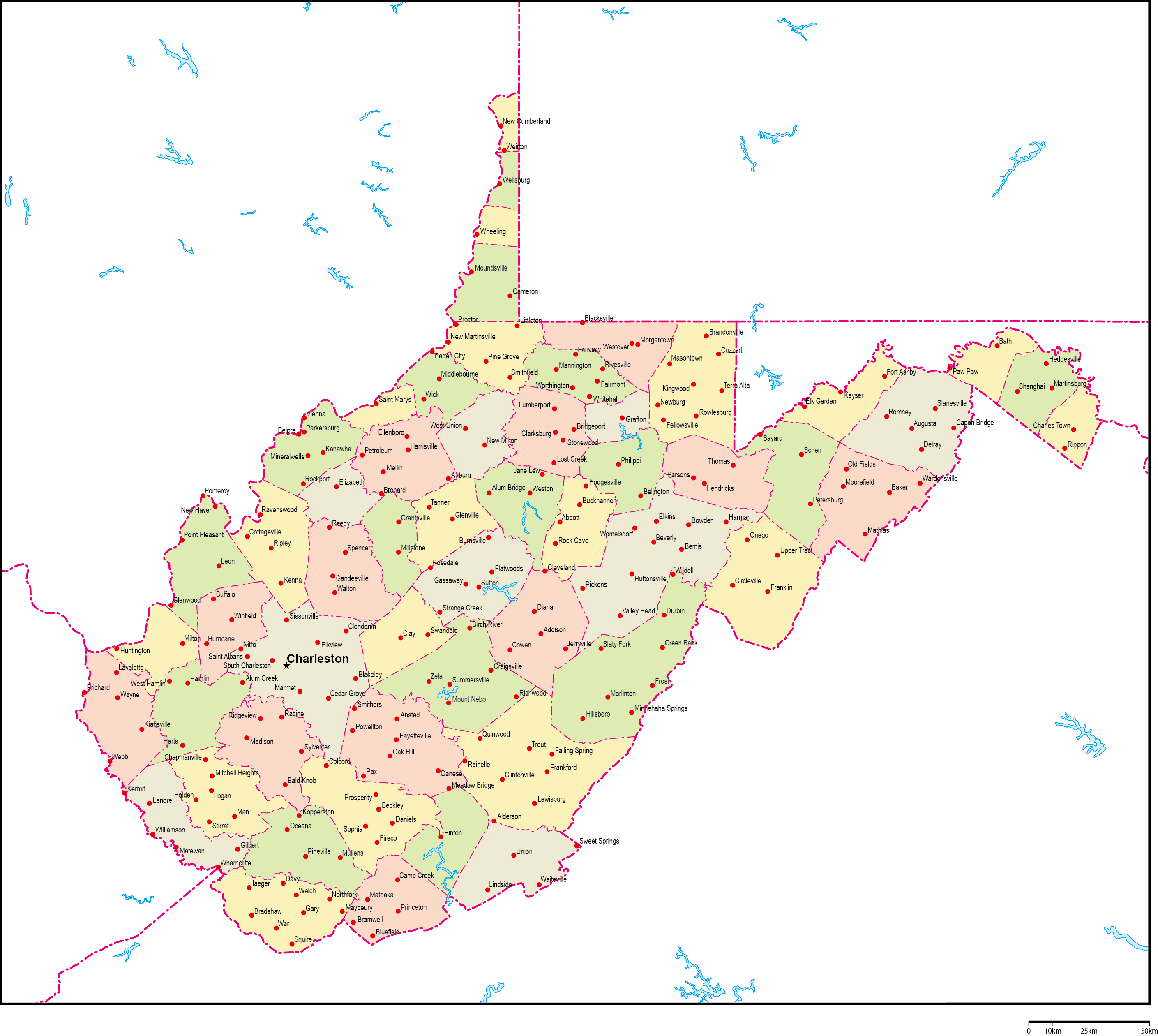 ウェストバージニア州郡色分け地図州都・主な都市あり(英語)フリーデータの画像