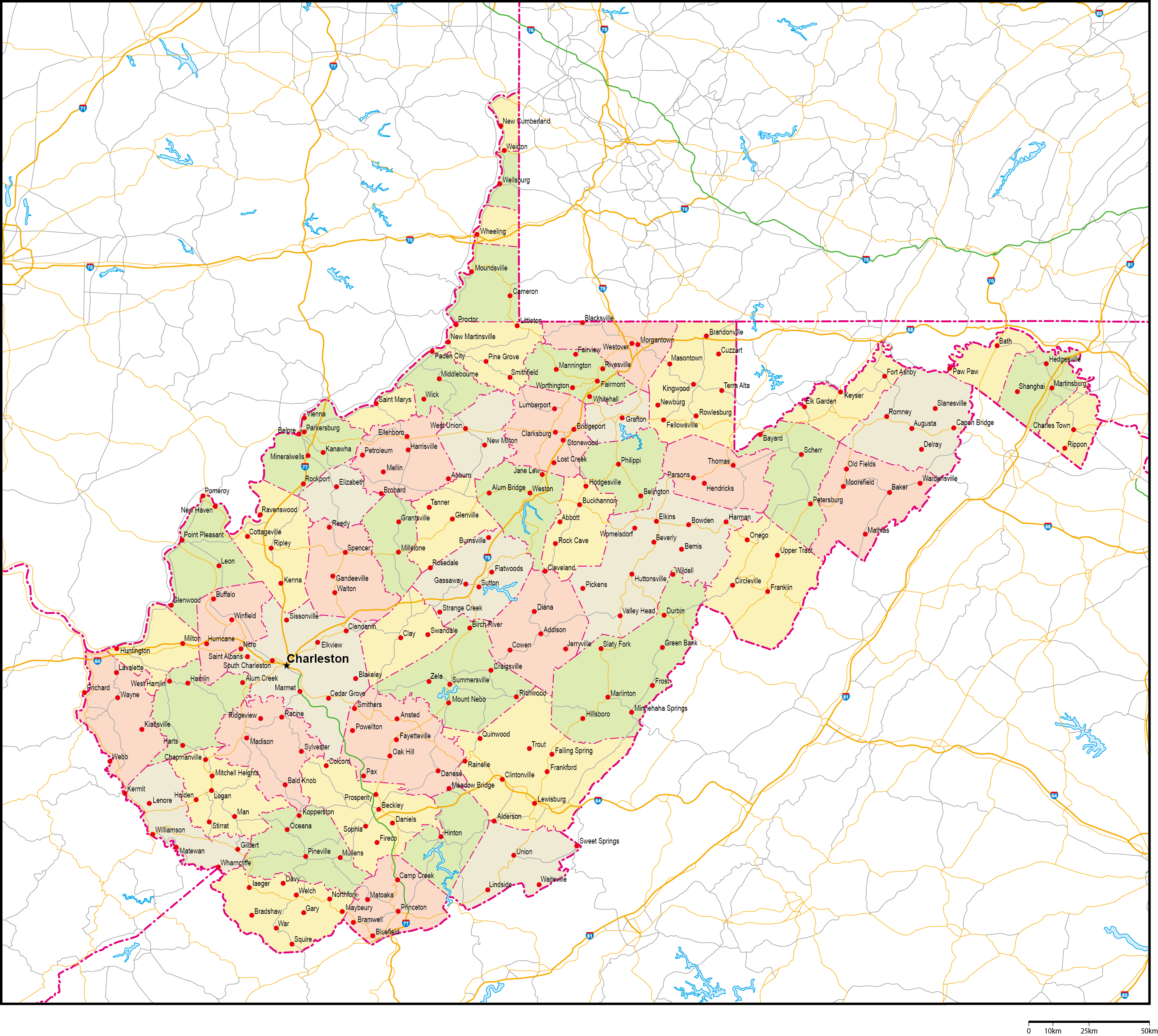 ウェストバージニア州郡色分け地図州都・主な都市・道路あり(英語)フリーデータの画像