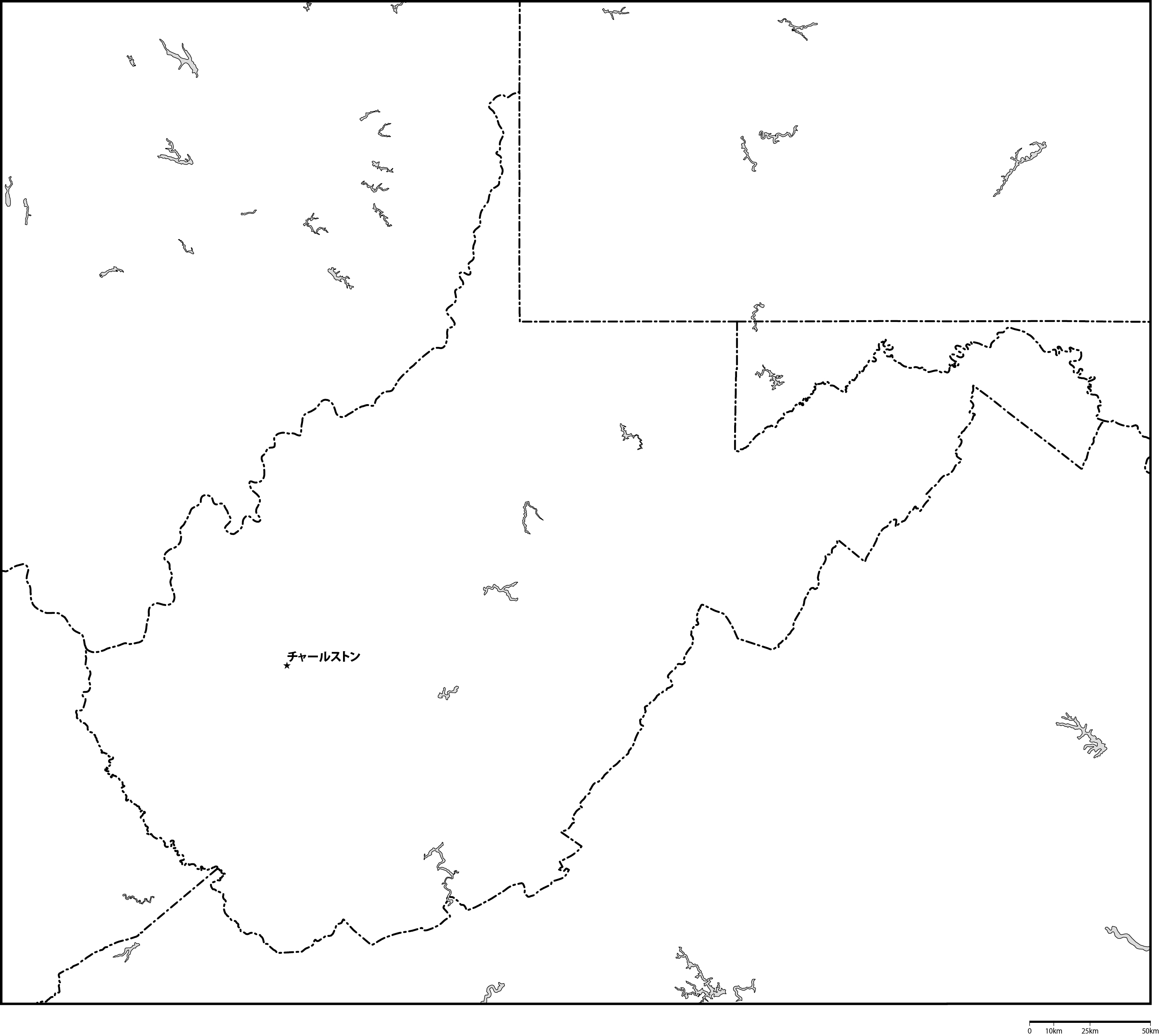 ウェストバージニア州白地図州都あり(日本語)フリーデータの画像