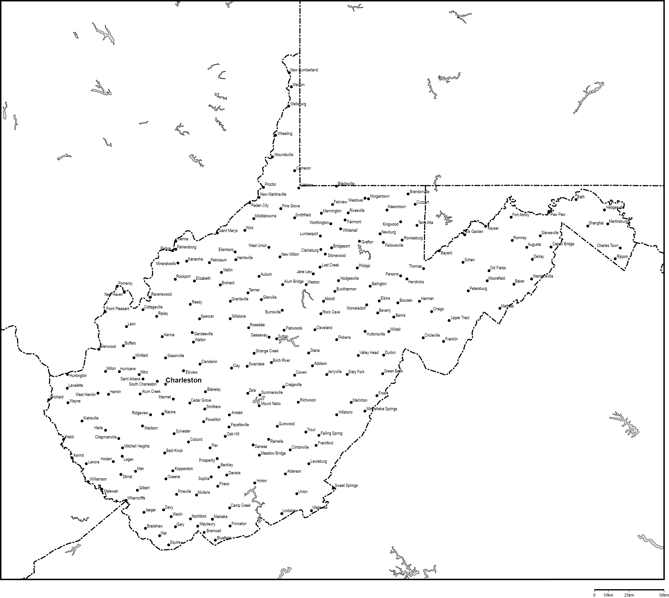 ウェストバージニア州白地図州都・主な都市あり(英語)フリーデータの画像