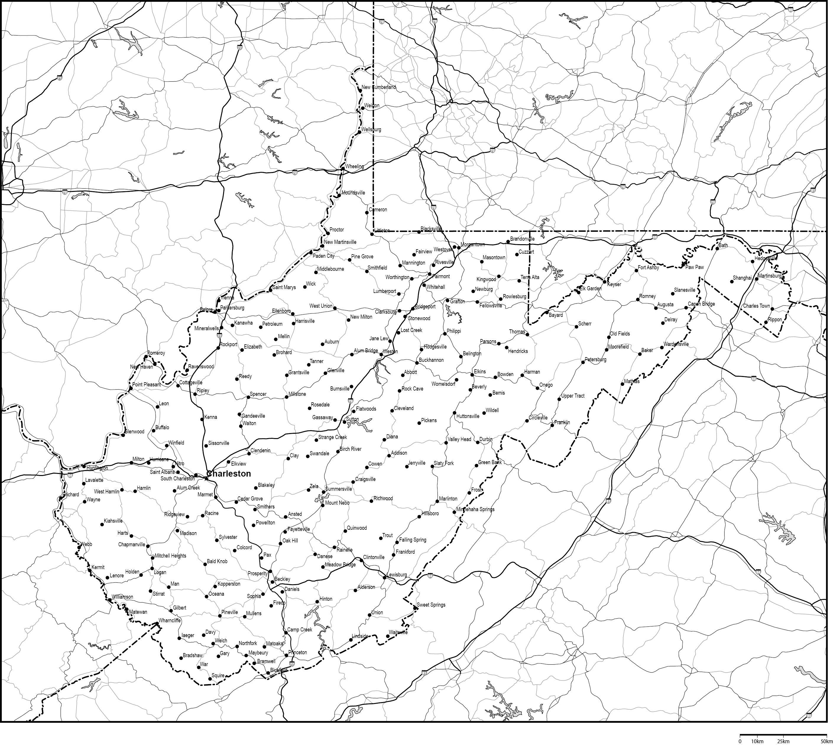 ウェストバージニア州白地図州都・主な都市・道路あり(英語)フリーデータの画像