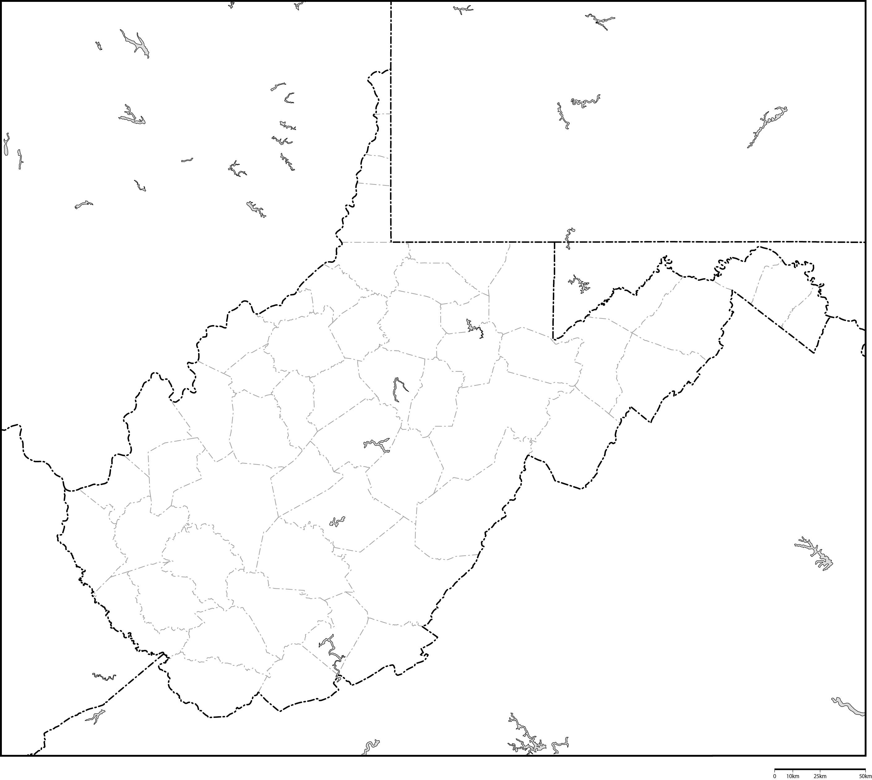 ウェストバージニア州郡分け白地図フリーデータの画像