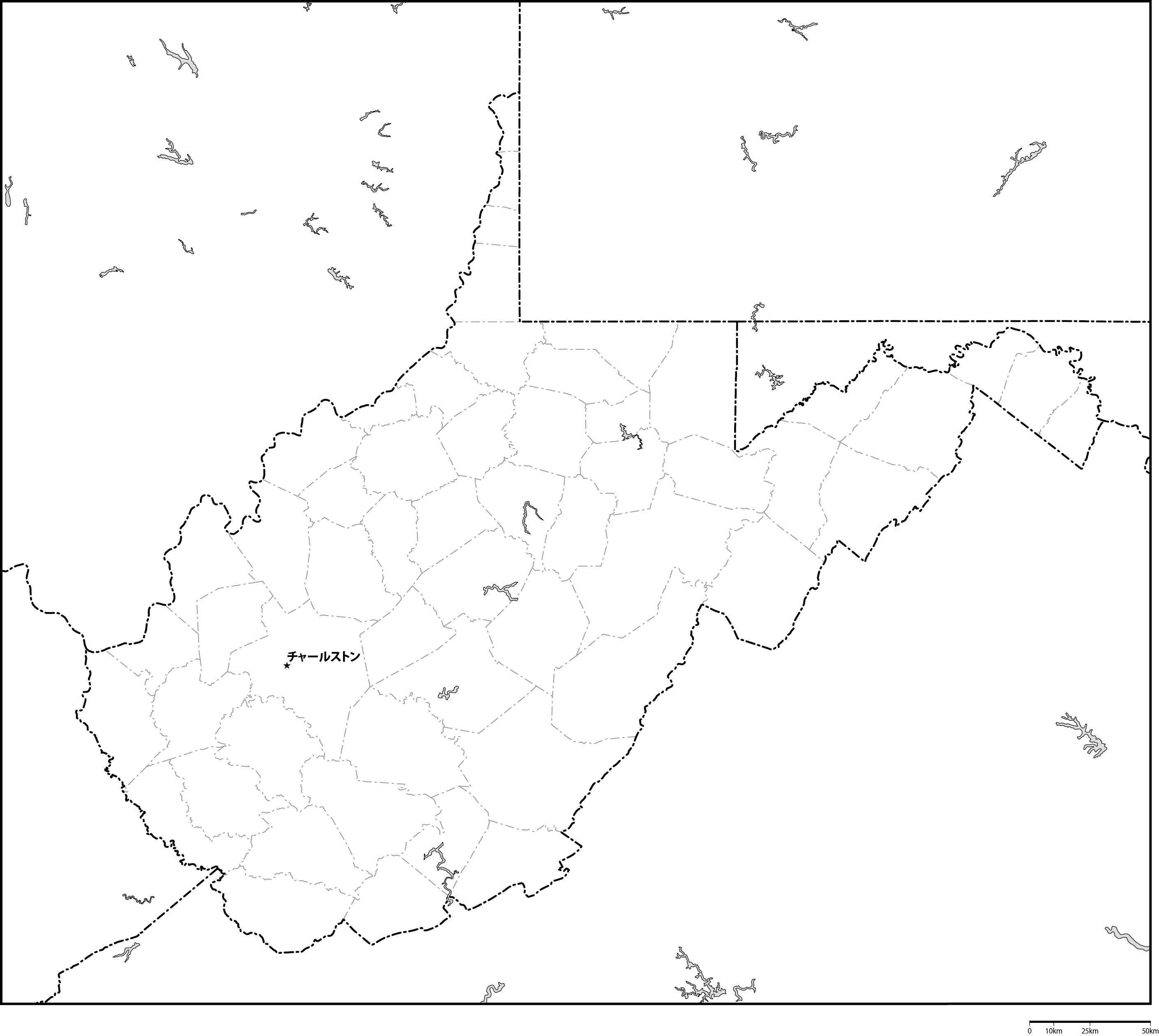 ウェストバージニア州郡分け白地図州都あり(日本語)フリーデータの画像