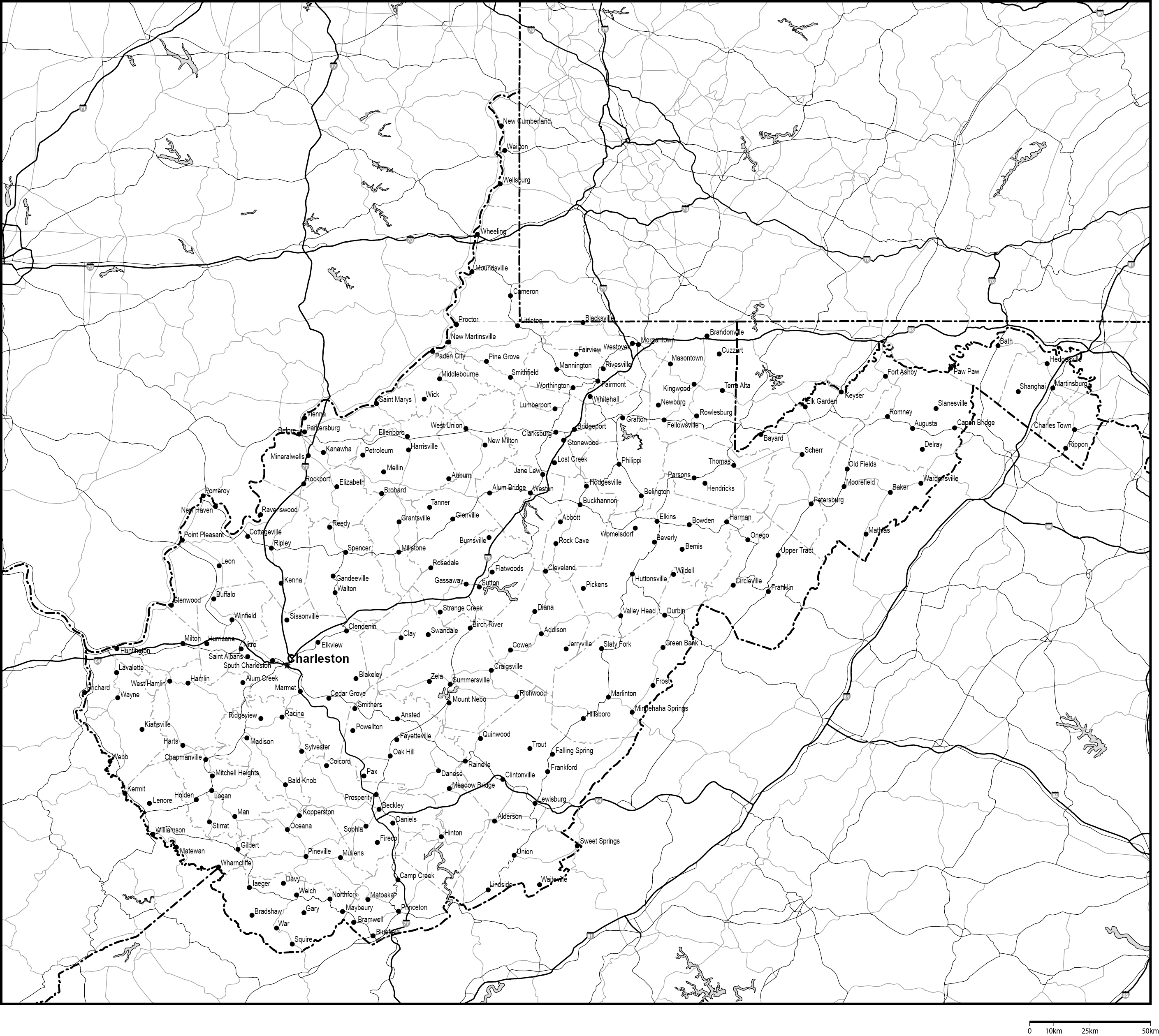 ウェストバージニア州郡分け白地図州都・主な都市・道路あり(英語)フリーデータの画像