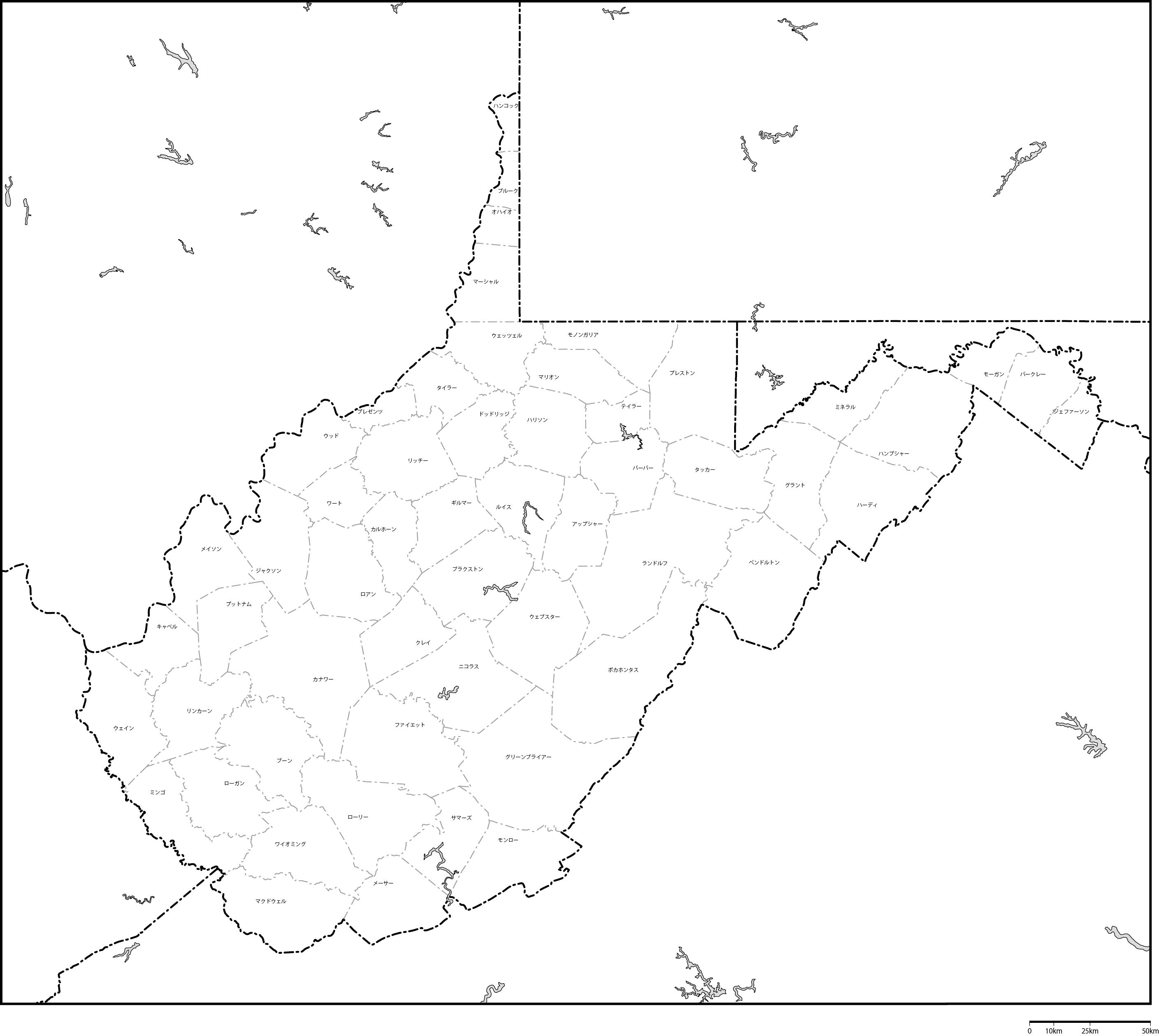 ウェストバージニア州郡分け地図郡名あり(日本語)フリーデータの画像