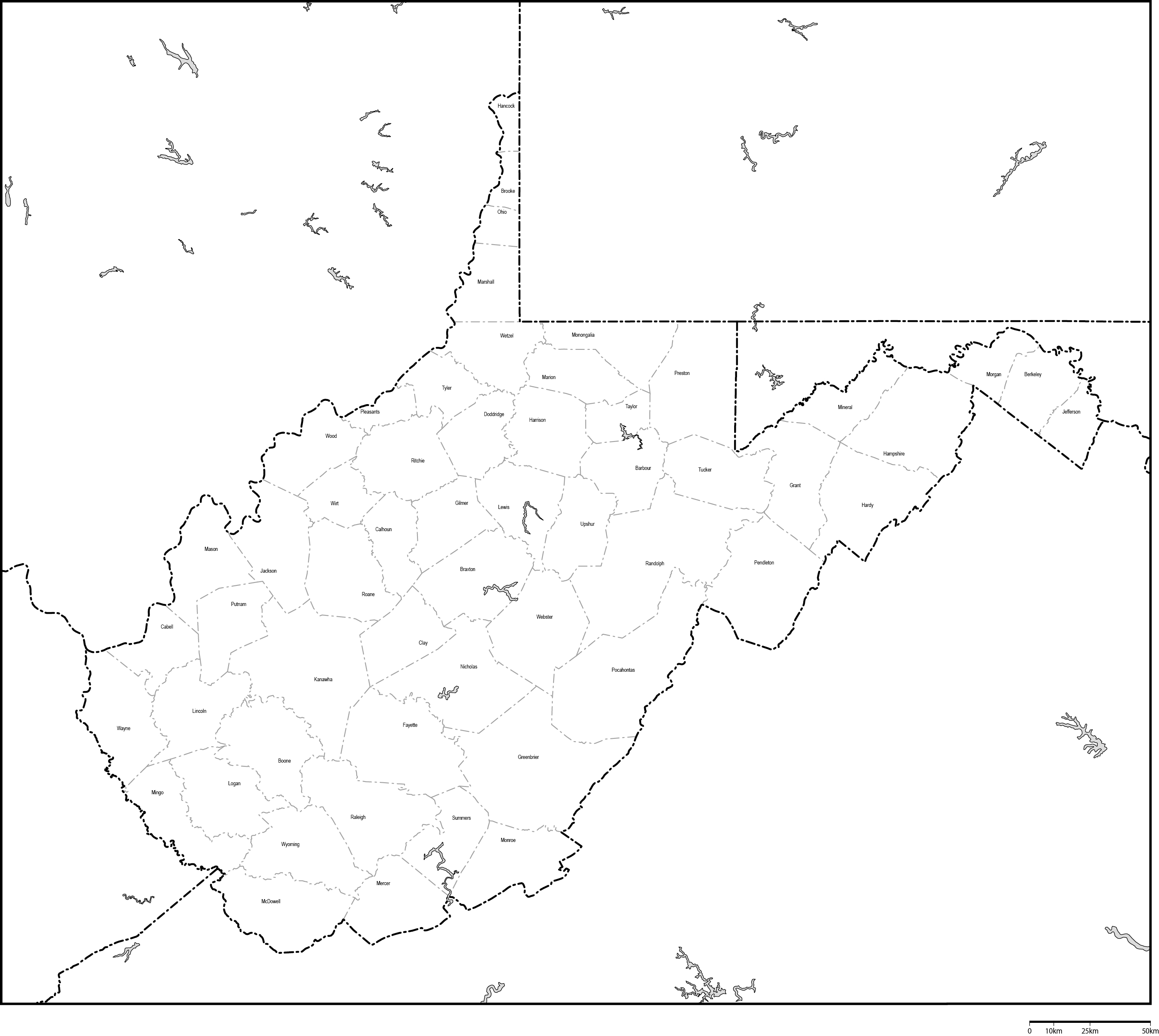 ウェストバージニア州郡分け白地図郡名あり(英語)フリーデータの画像