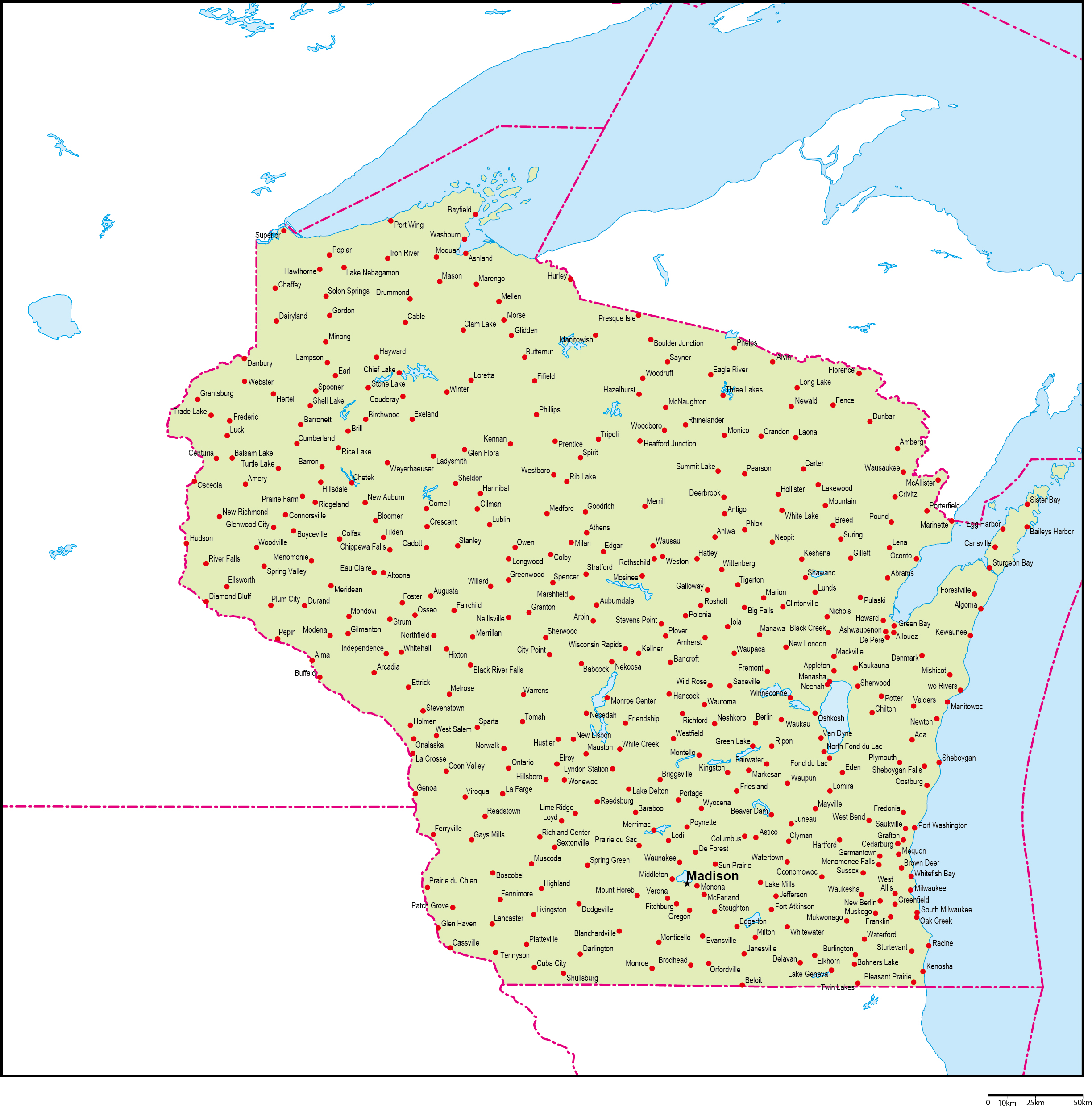 ウィスコンシン州地図州都・主な都市あり(英語)フリーデータの画像