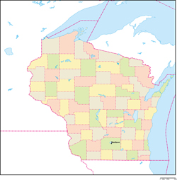 ウィスコンシン州郡色分け地図州都あり(英語)