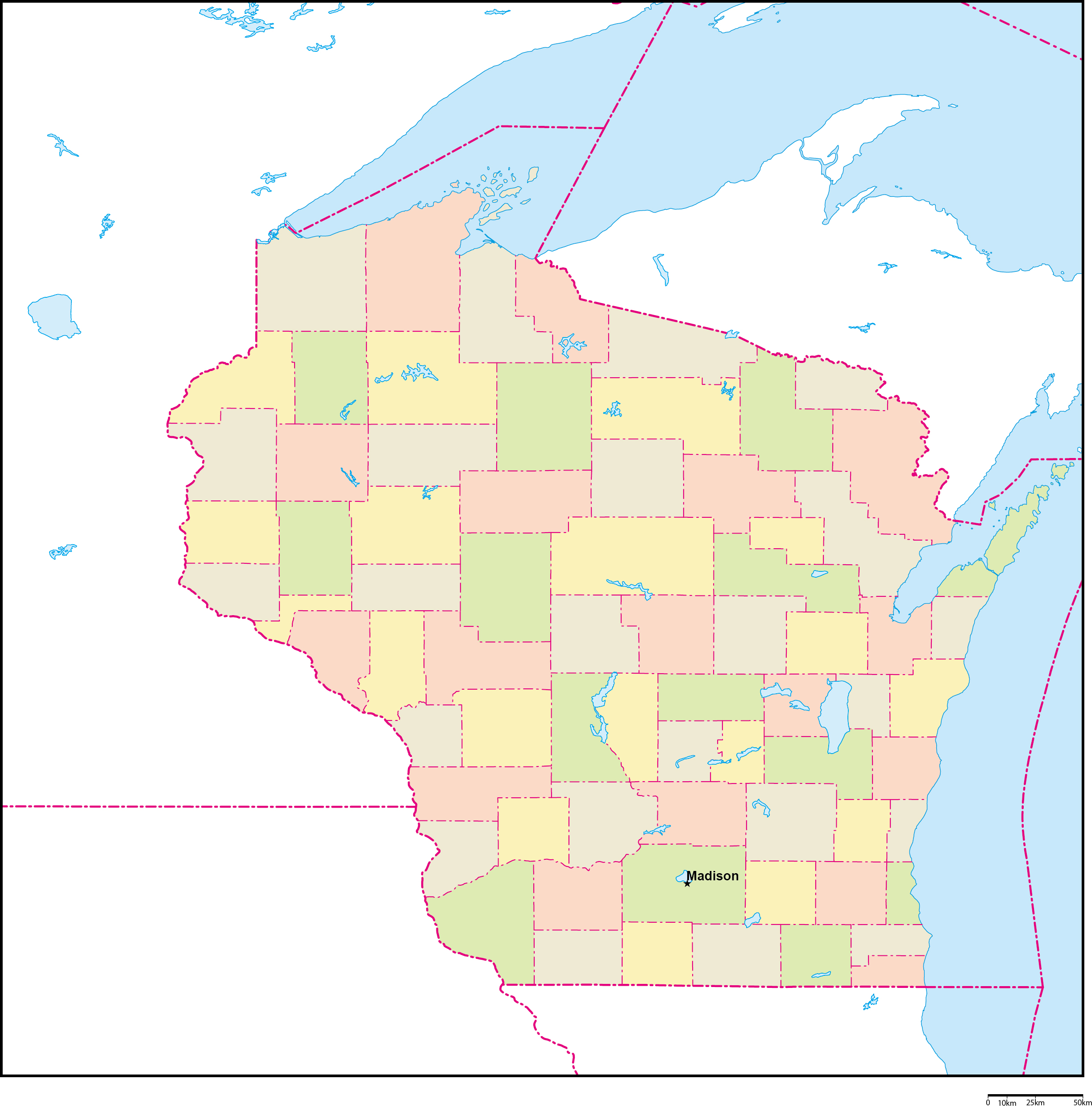 ウィスコンシン州郡色分け地図州都あり(英語)フリーデータの画像