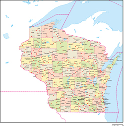 ウィスコンシン州郡色分け地図州都・主な都市あり(英語)