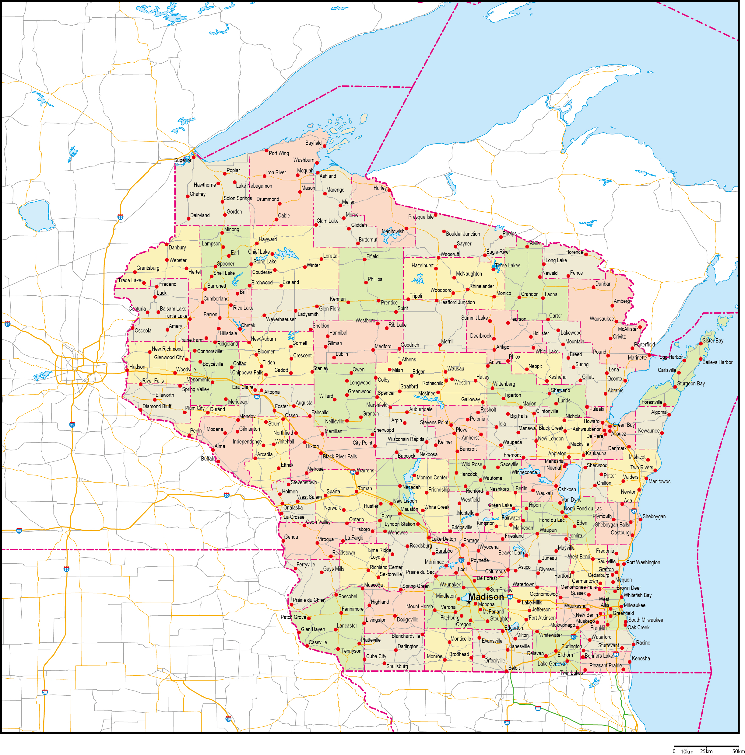 ウィスコンシン州郡色分け地図州都・主な都市・道路あり(英語)フリーデータの画像