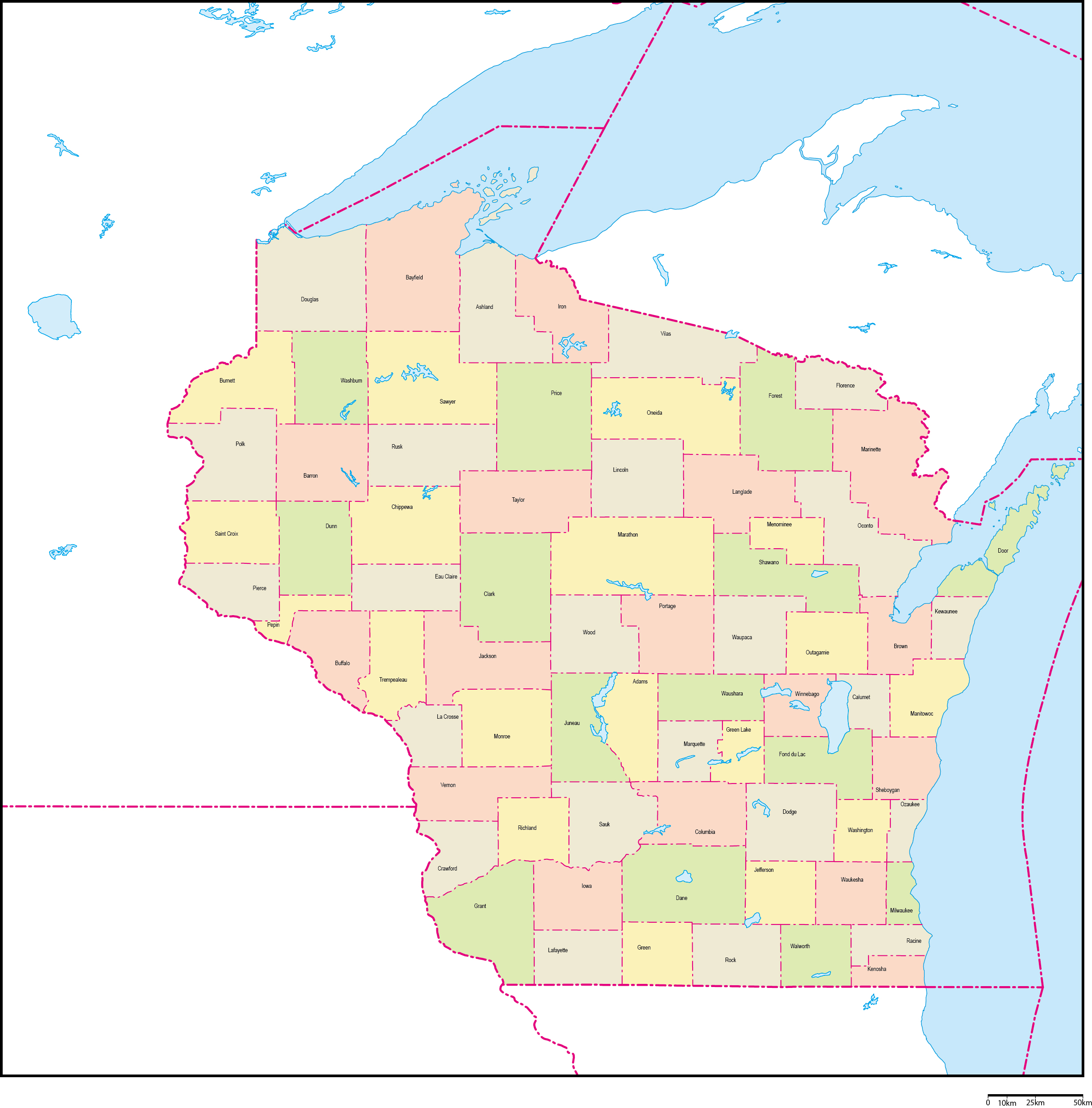 ウィスコンシン州郡色分け地図郡名あり(英語)フリーデータの画像