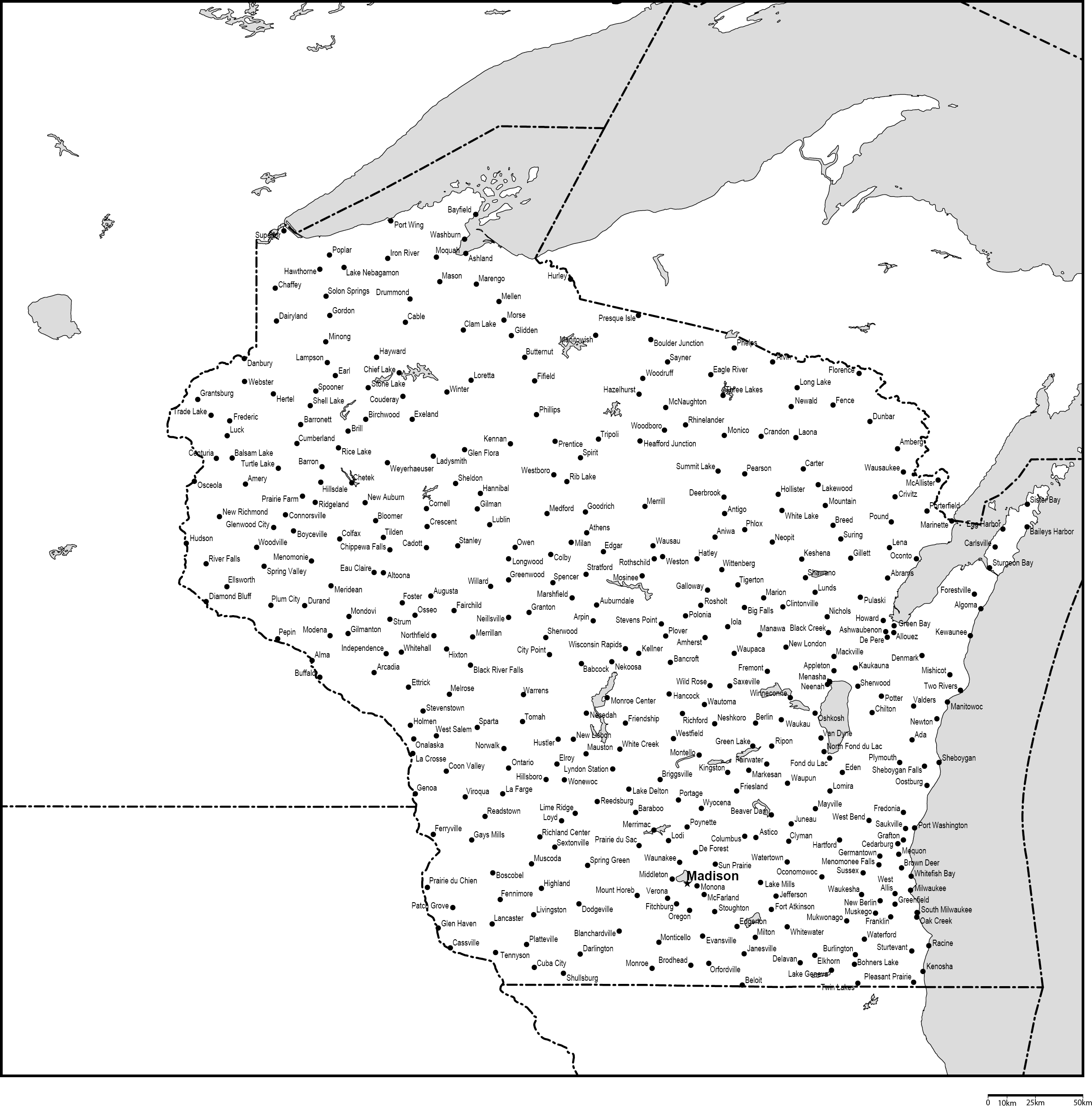 ウィスコンシン州白地図州都・主な都市あり(英語)フリーデータの画像