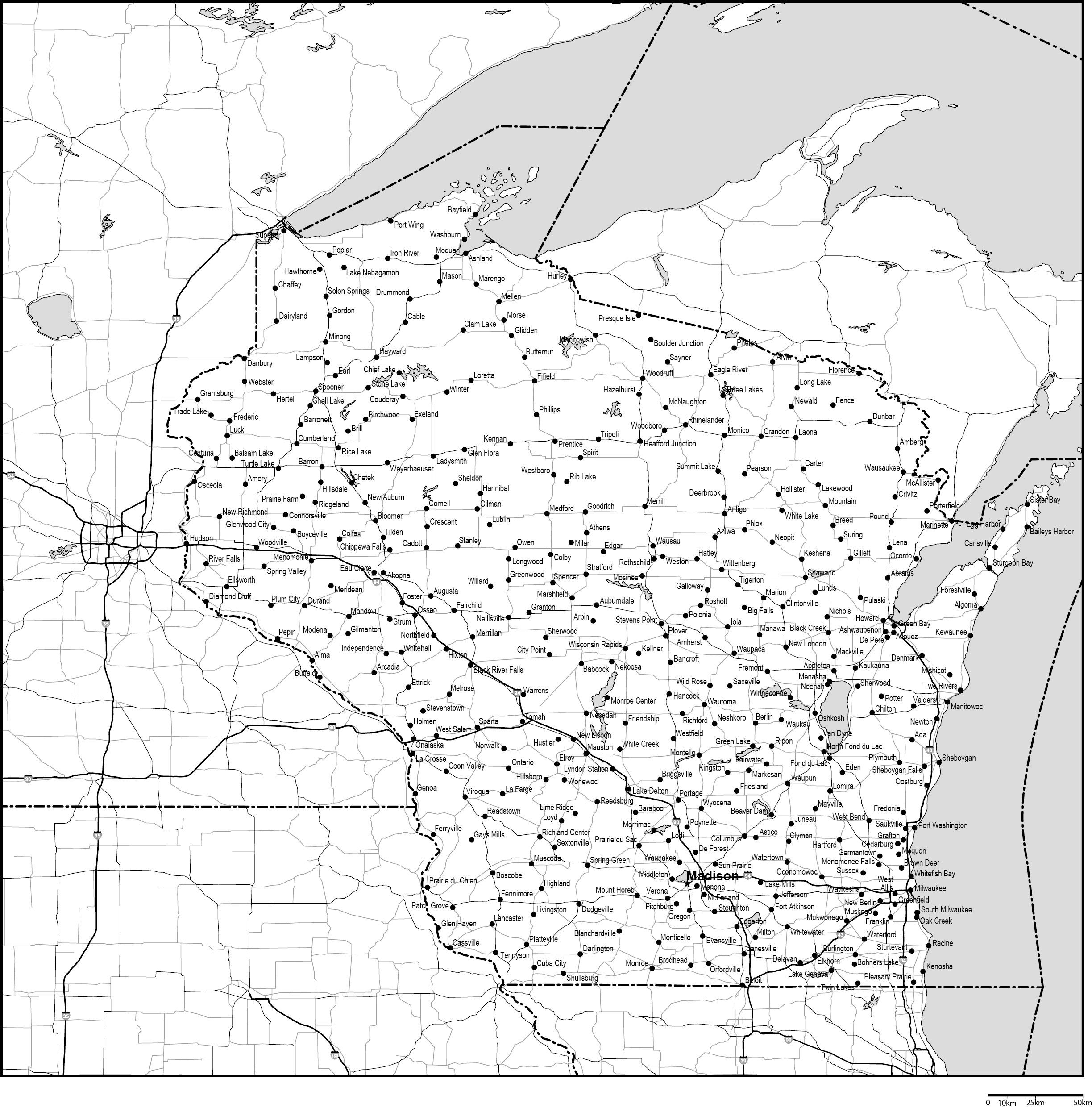 ウィスコンシン州白地図州都・主な都市・道路あり(英語)フリーデータの画像