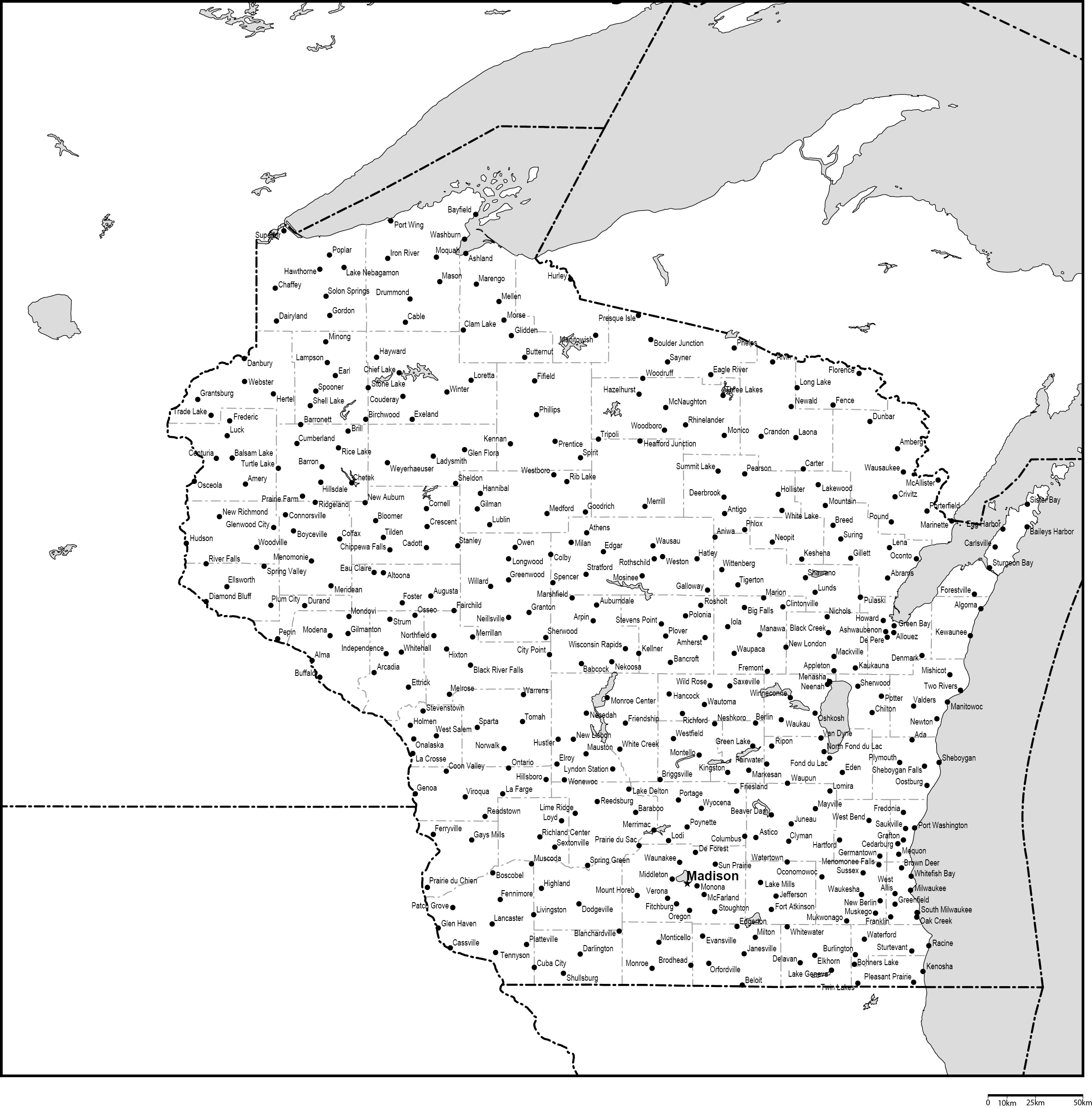 ウィスコンシン州郡分け白地図州都・主な都市あり(英語)フリーデータの画像