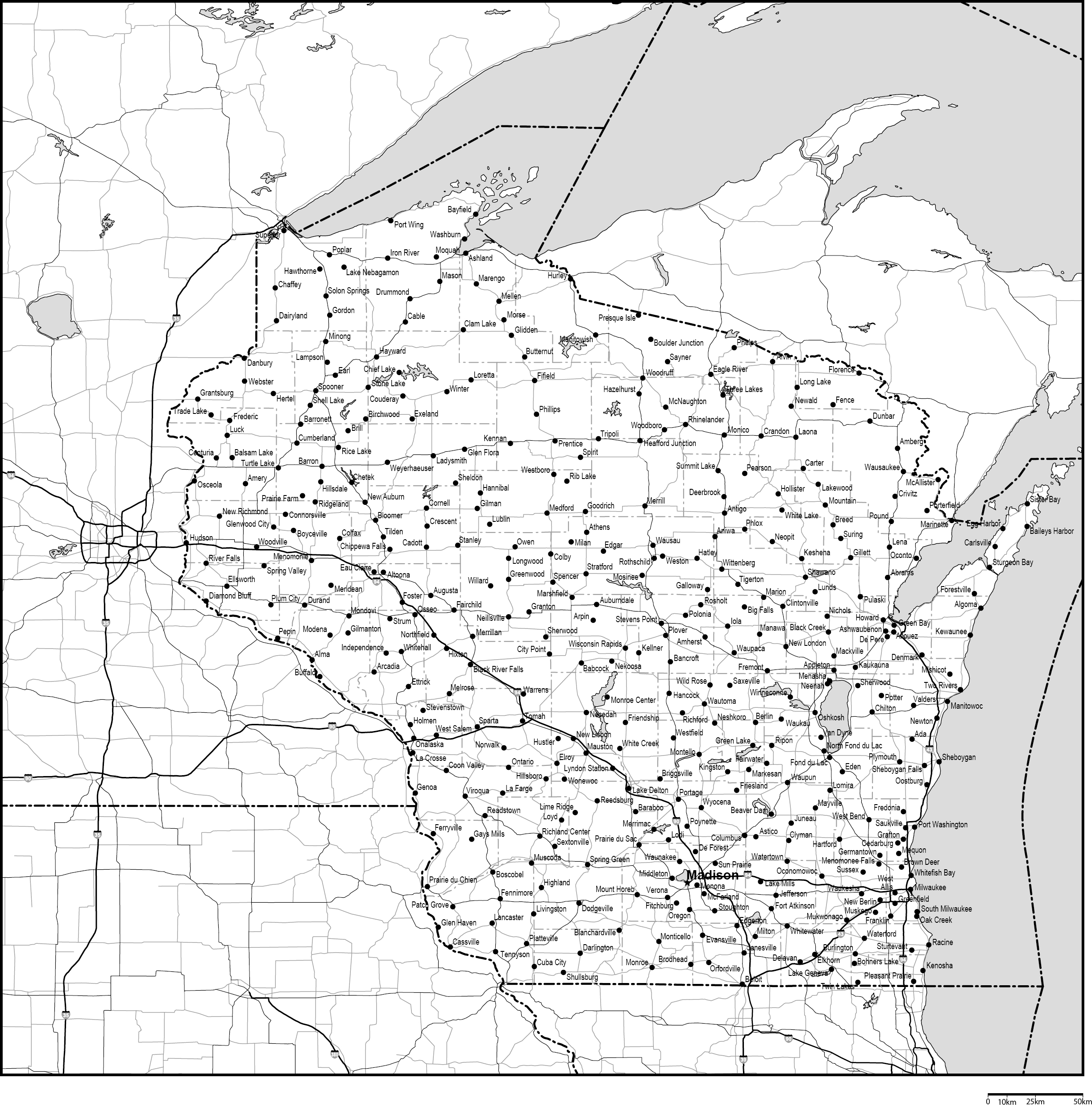 ウィスコンシン州郡分け白地図州都・主な都市・道路あり(英語)フリーデータの画像