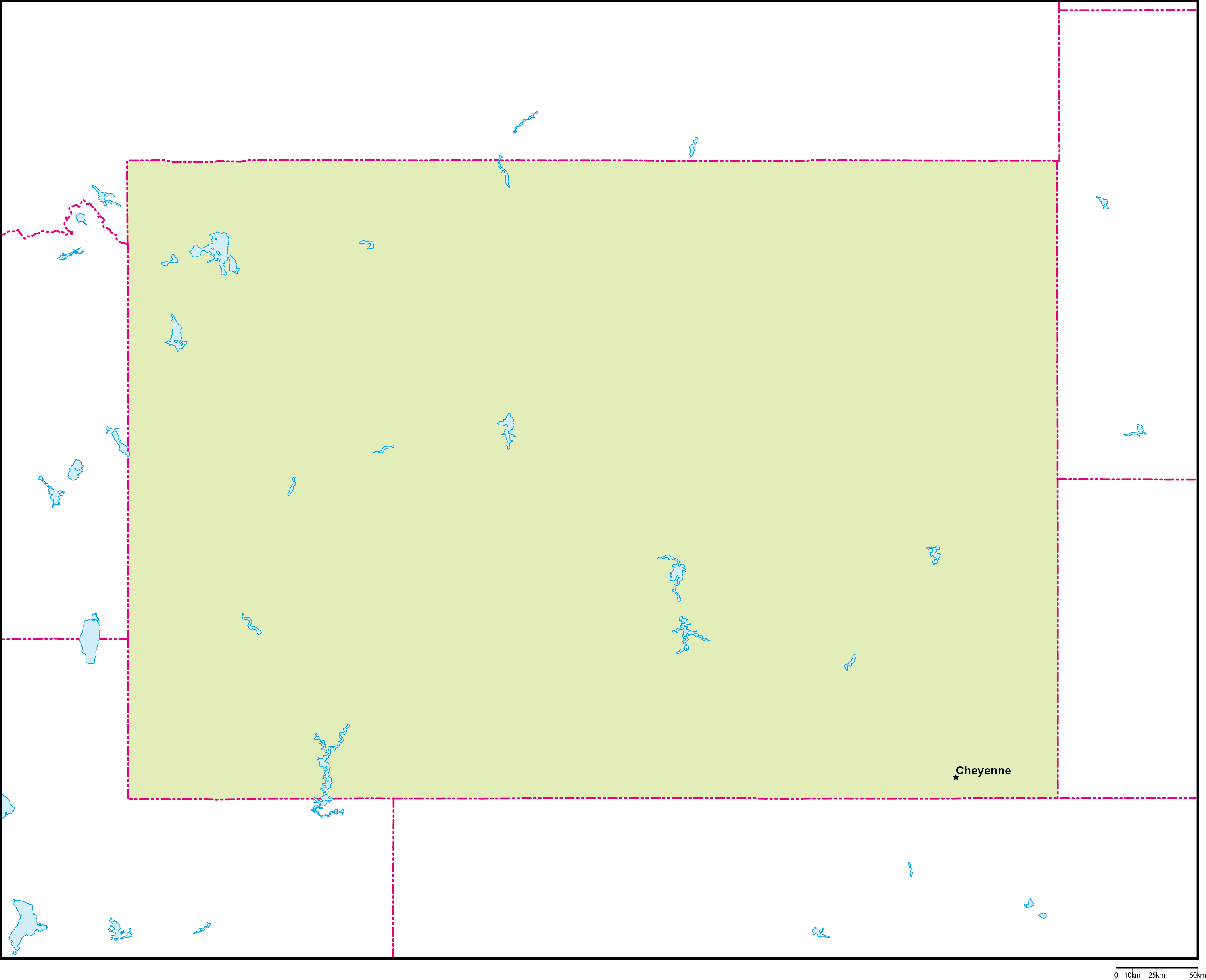 ワイオミング州地図州都あり(英語)フリーデータの画像