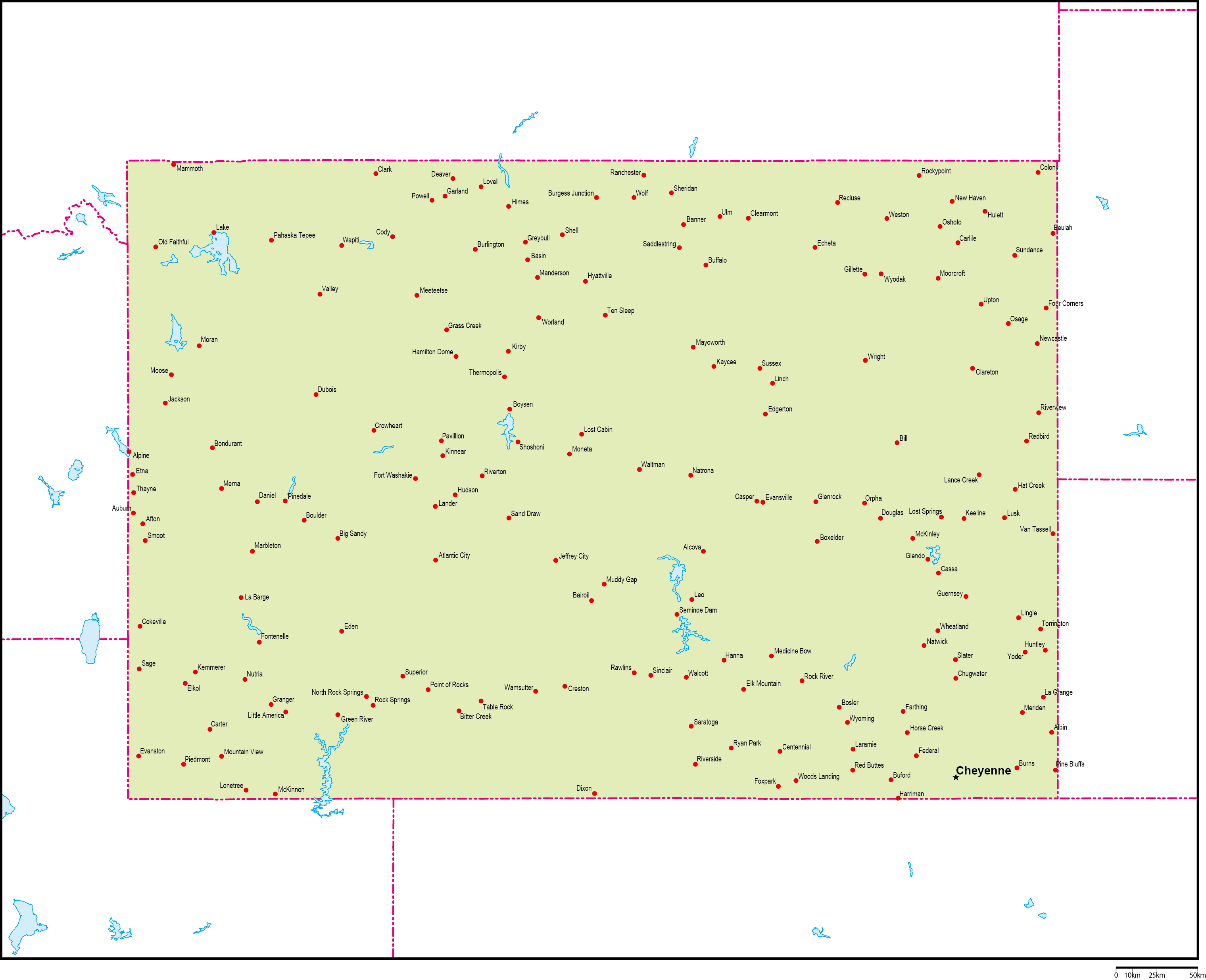ワイオミング州地図州都・主な都市あり(英語)フリーデータの画像